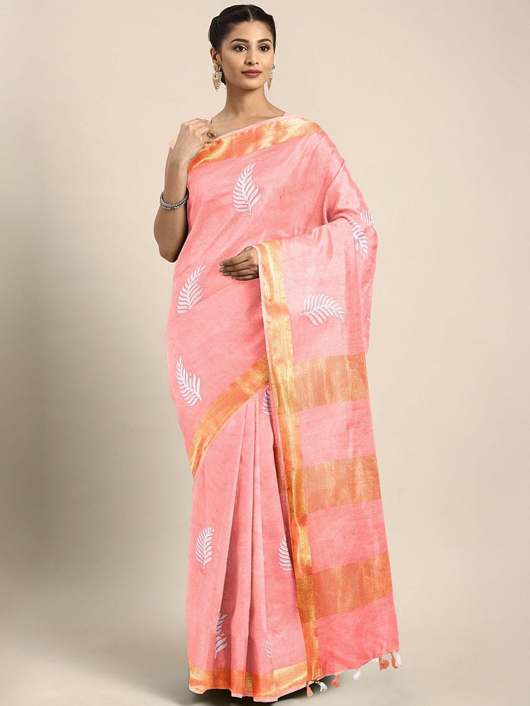 kalakari india peach-coloured & white floral embroidered silk blend saree