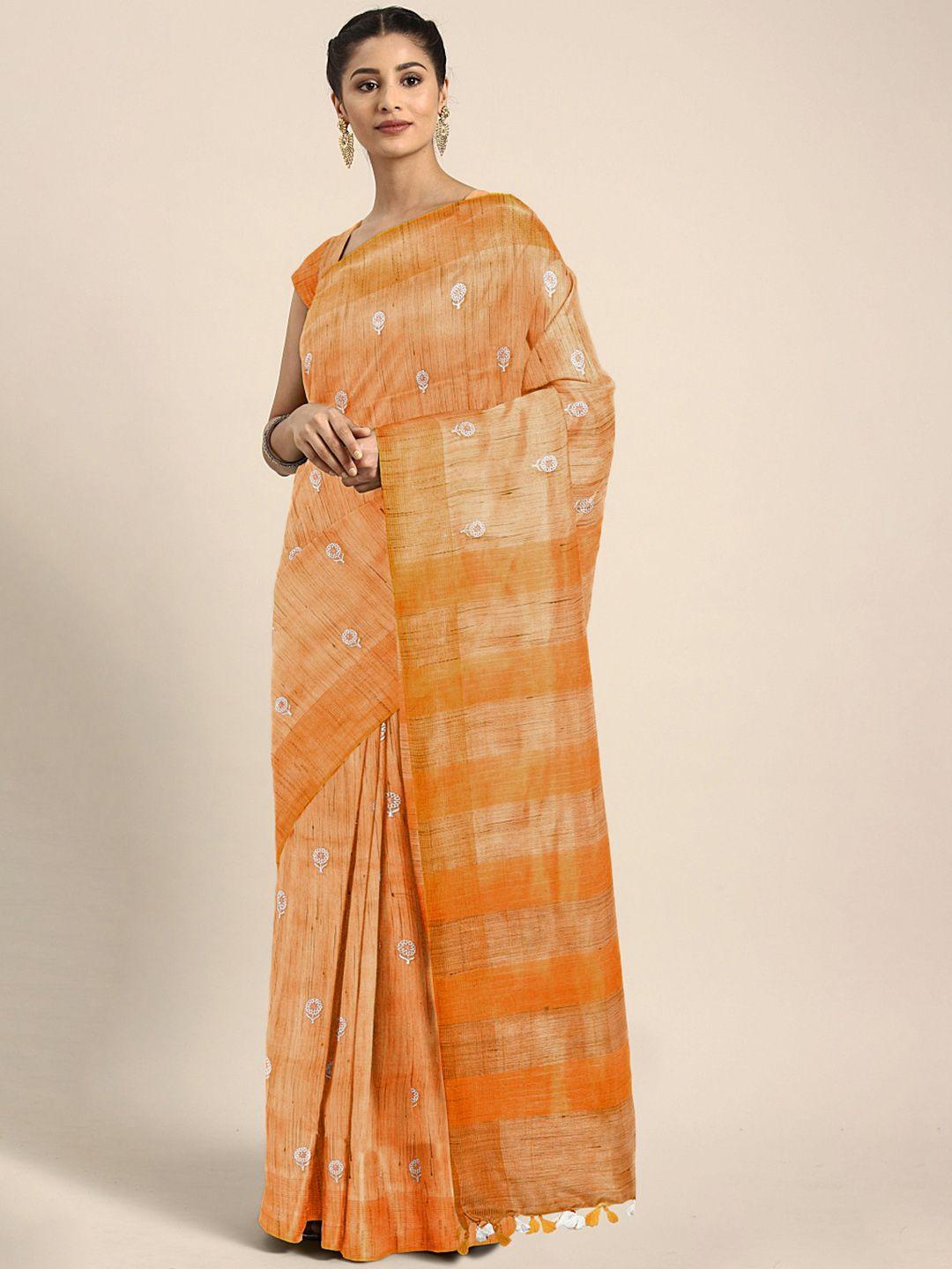 kalakari india orange & white floral embroidered silk blend saree