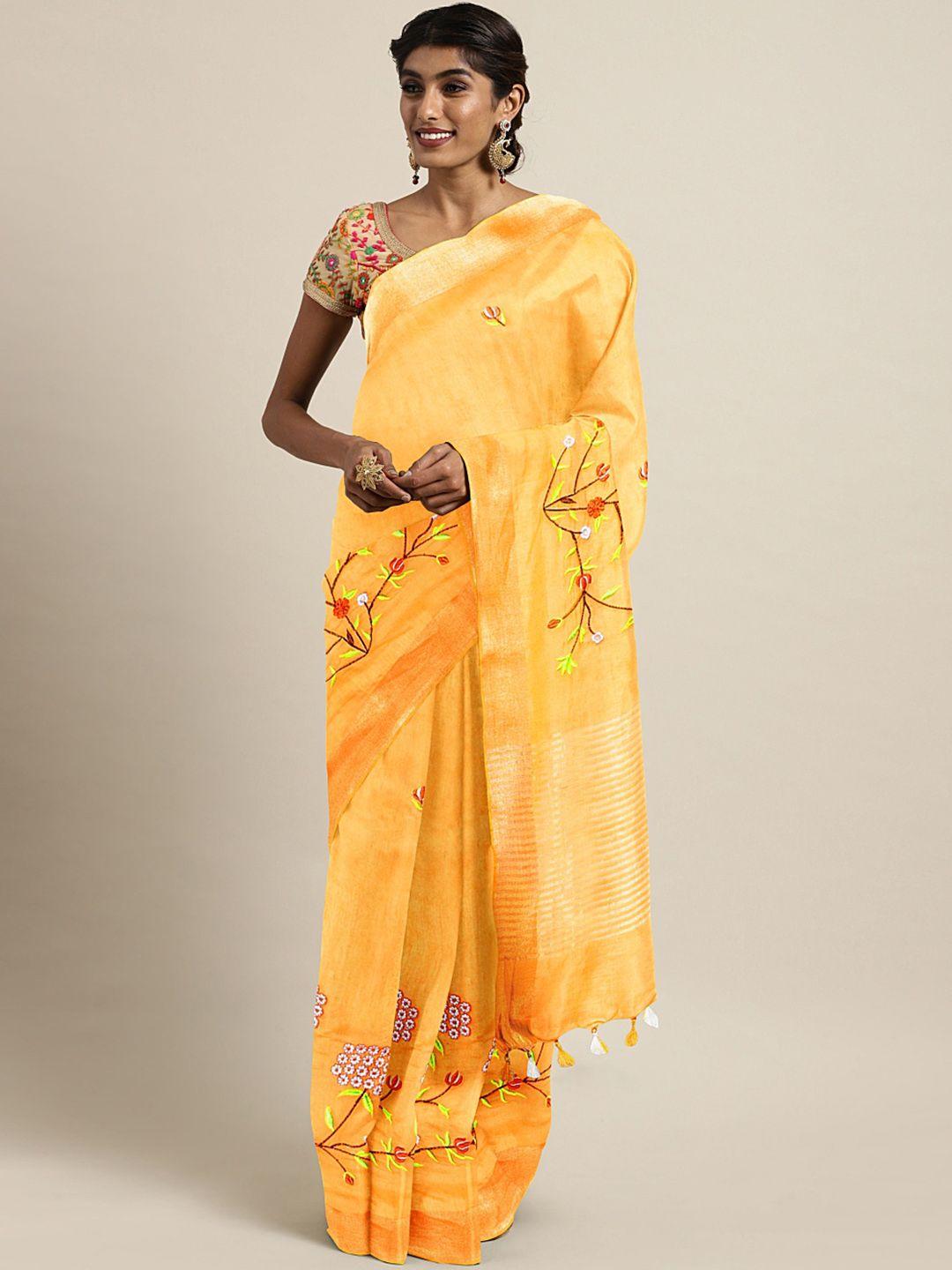 kalakari india mustard & pink floral embroidered silk blend saree