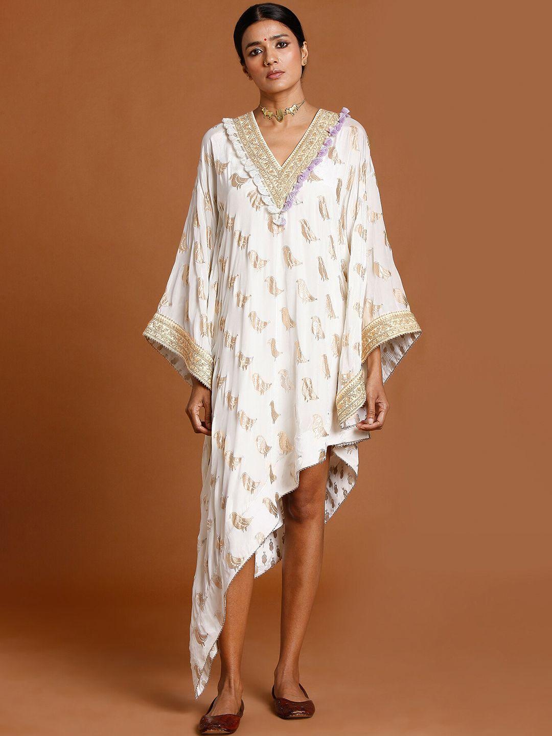 masaba white ethnic motifs crepe ethnic kaftan midi dress