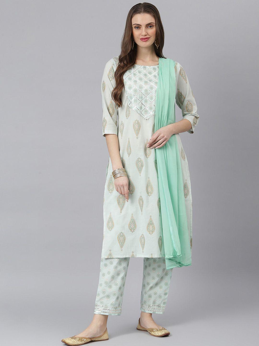 stylum women green ethnic motifs printed kurta with trousers & with dupatta