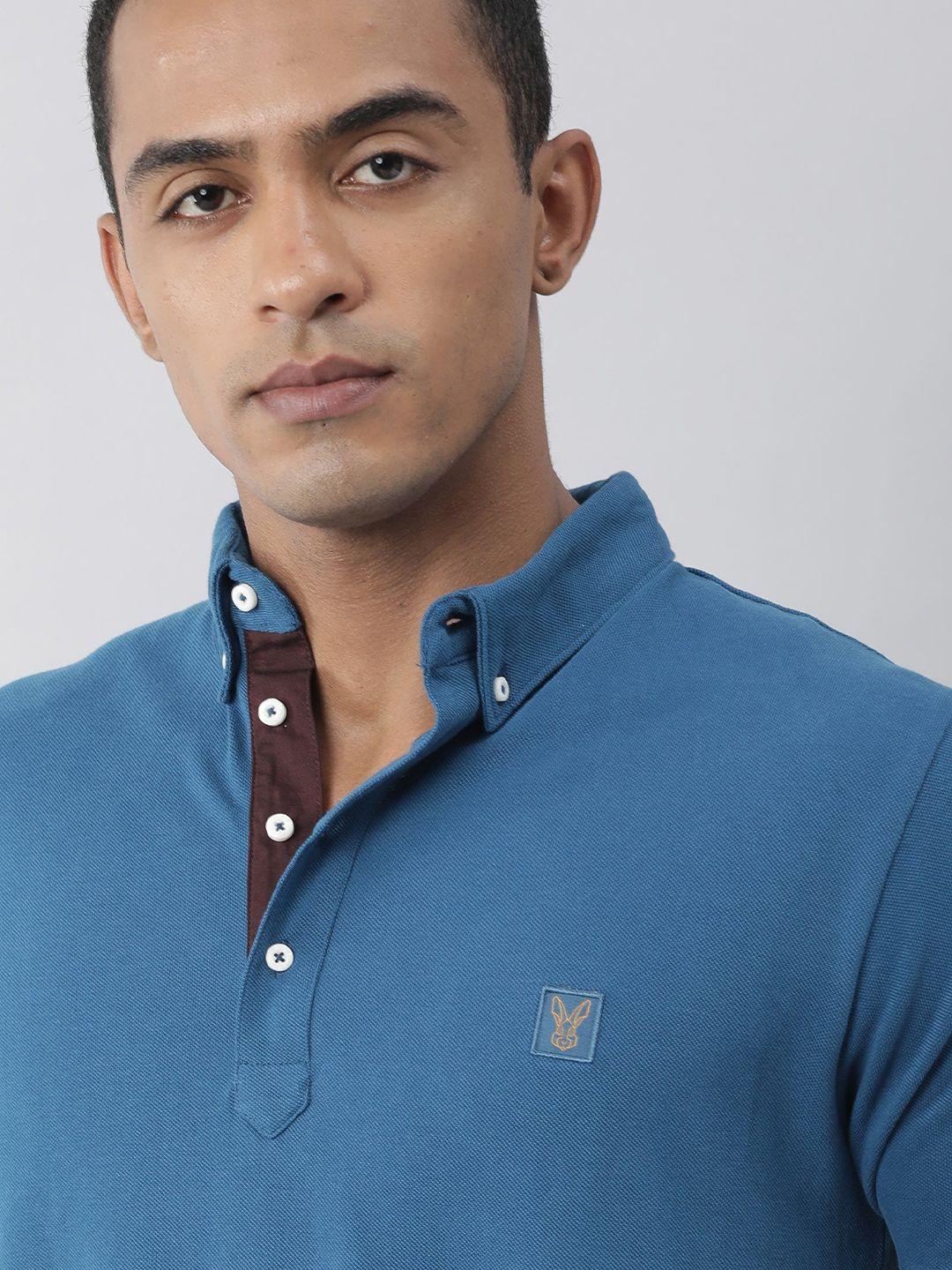 rare rabbit men teal polo collar pure cotton slim fit t-shirt