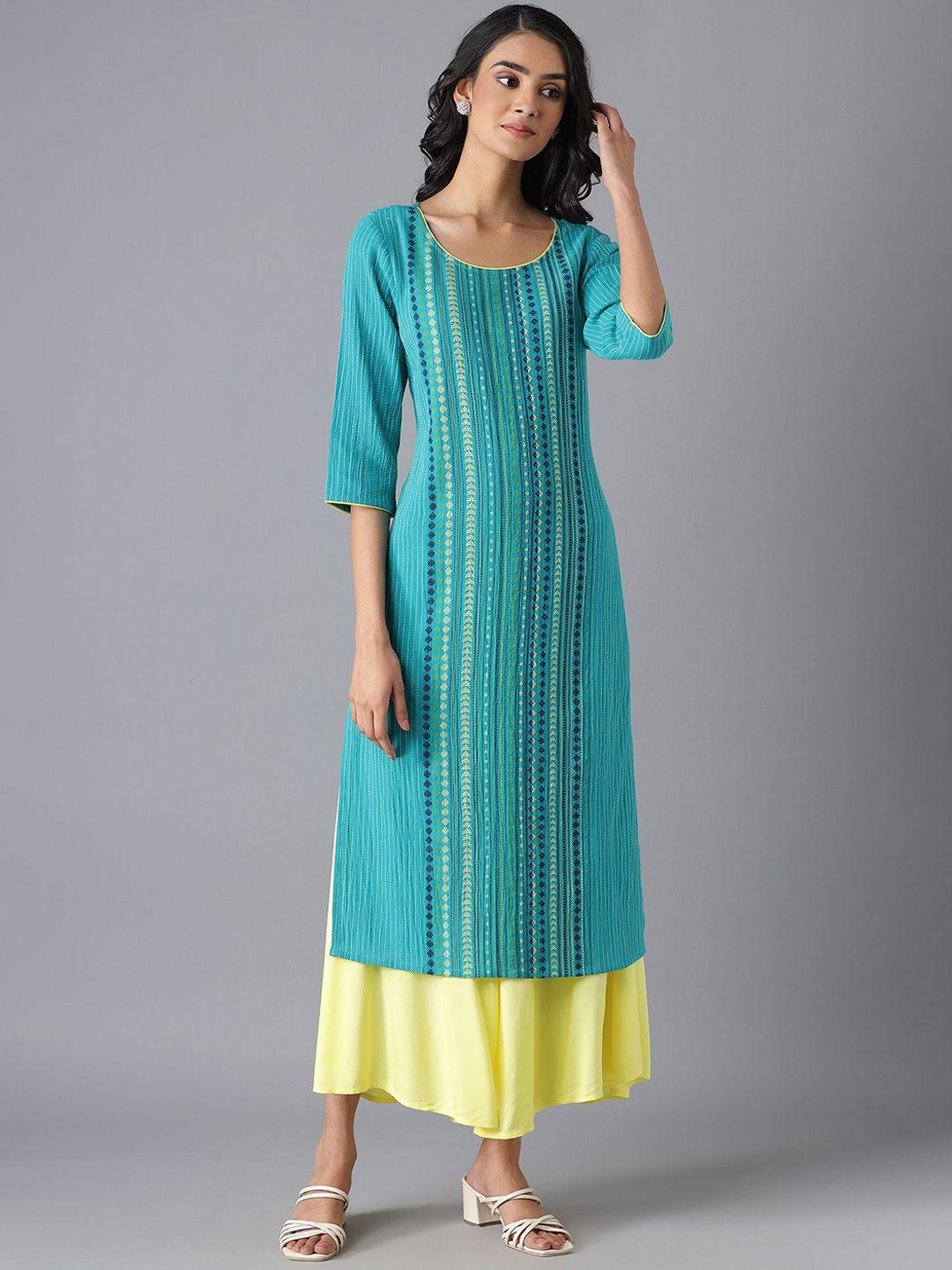 aurelia women blue & green geometric printed pure cotton kurta