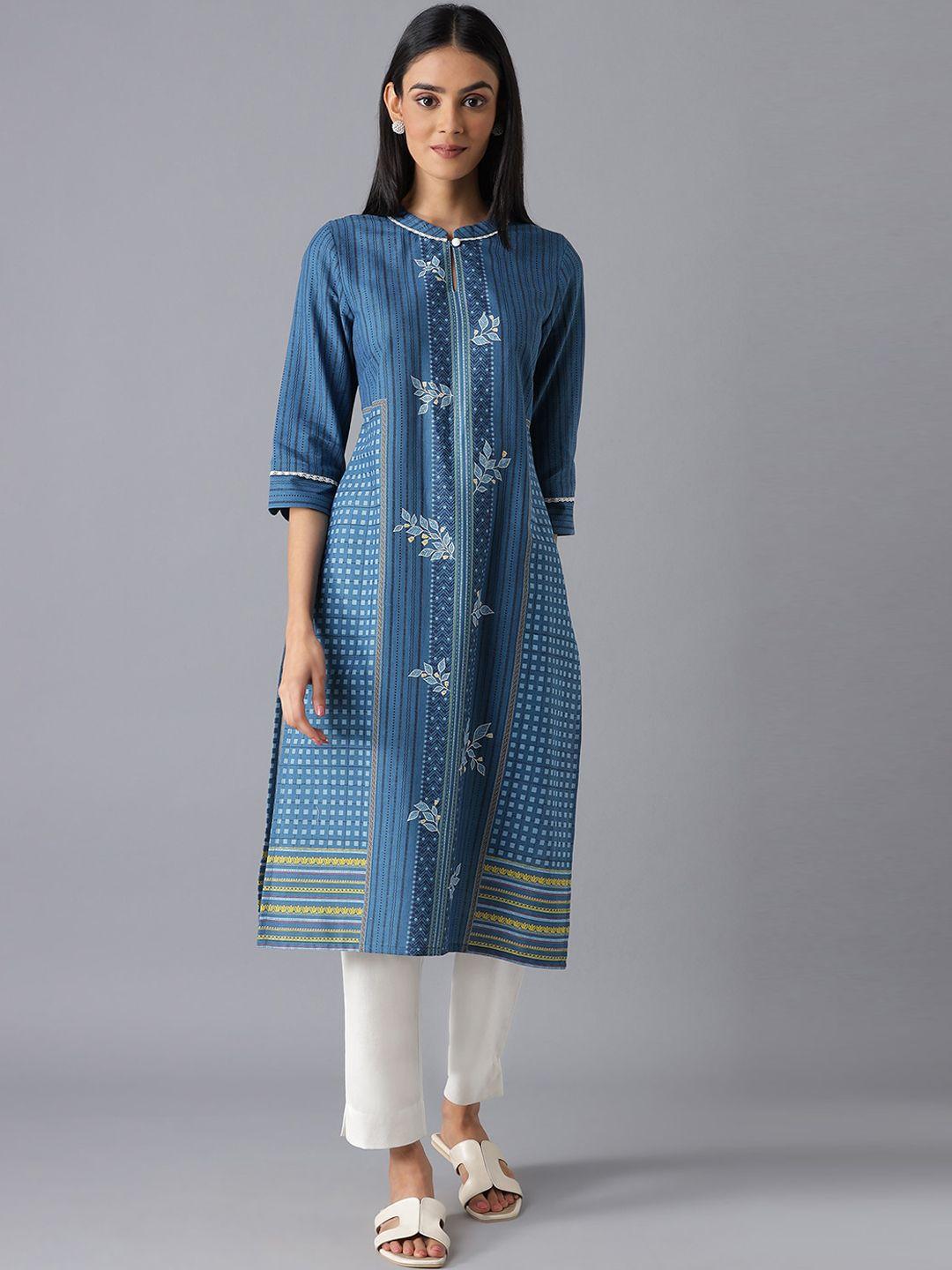 aurelia women blue geometric keyhole neck thread work kurta