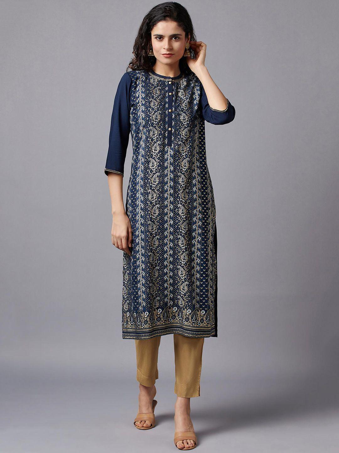 aurelia women blue ethnic printed round neck three-quarter sleeves liva kurta