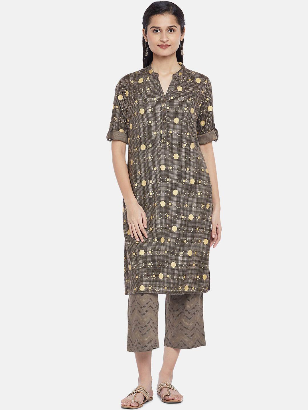 rangmanch by pantaloons women olive green printed kurta with trousers