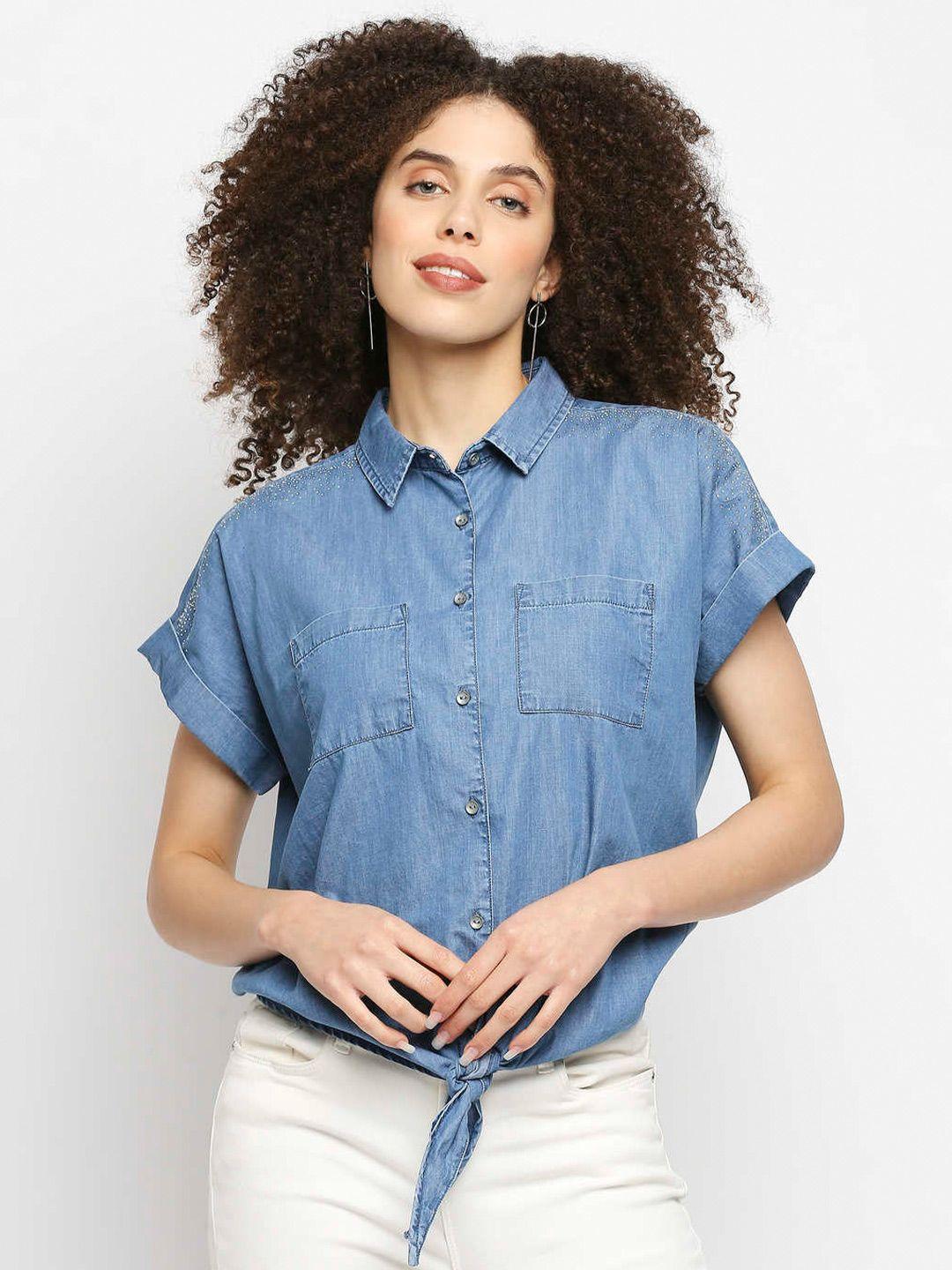 pepe jeans women blue cotton denim shirt