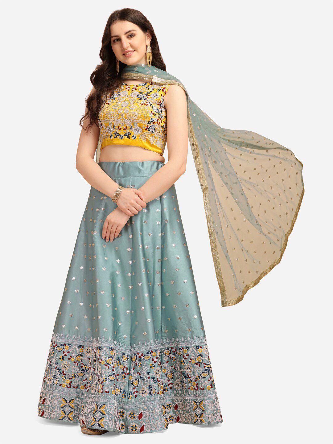 jatriqq turquoise blue & yellow semi-stitched lehenga & unstitched blouse with net dupatta