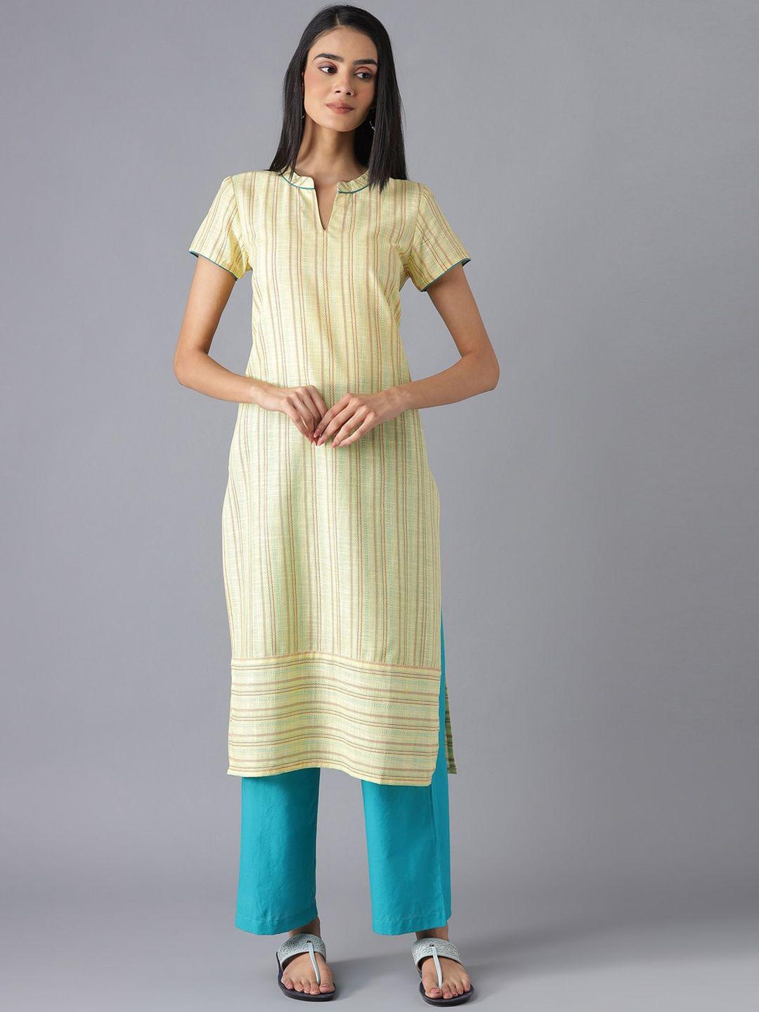 aurelia women yellow striped pure cotton kurta with palazzos