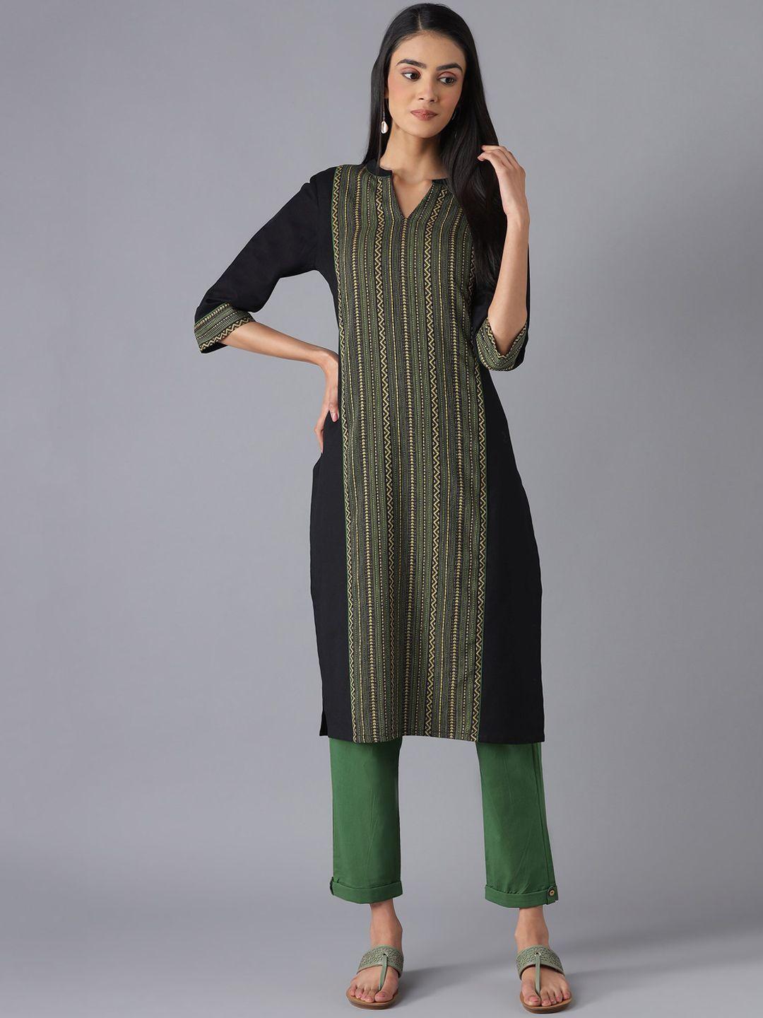 aurelia women blac & green striped panelled pure cotton kurta with trousers