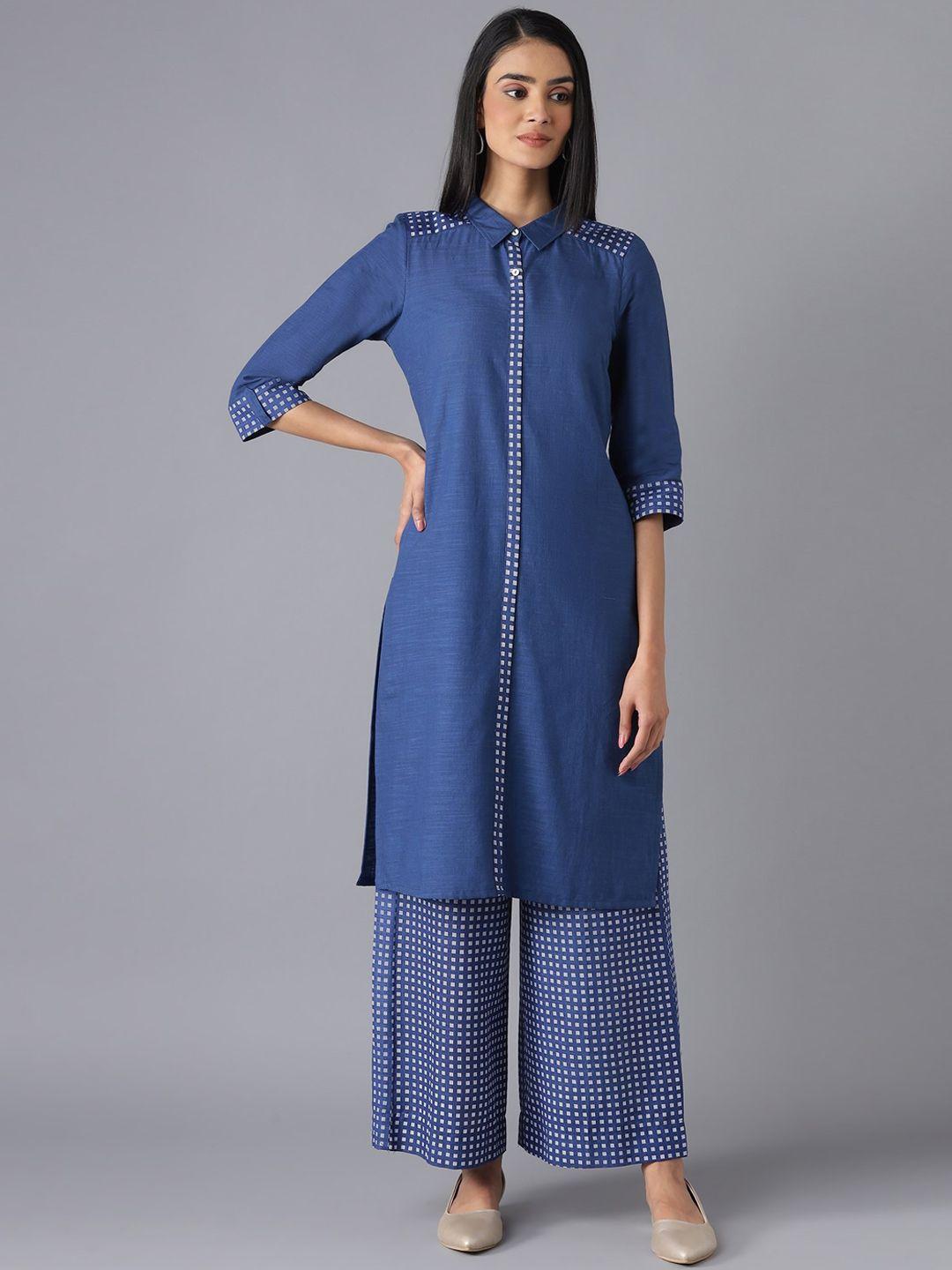 aurelia women navy blue panelled pure cotton kurta with palazzos