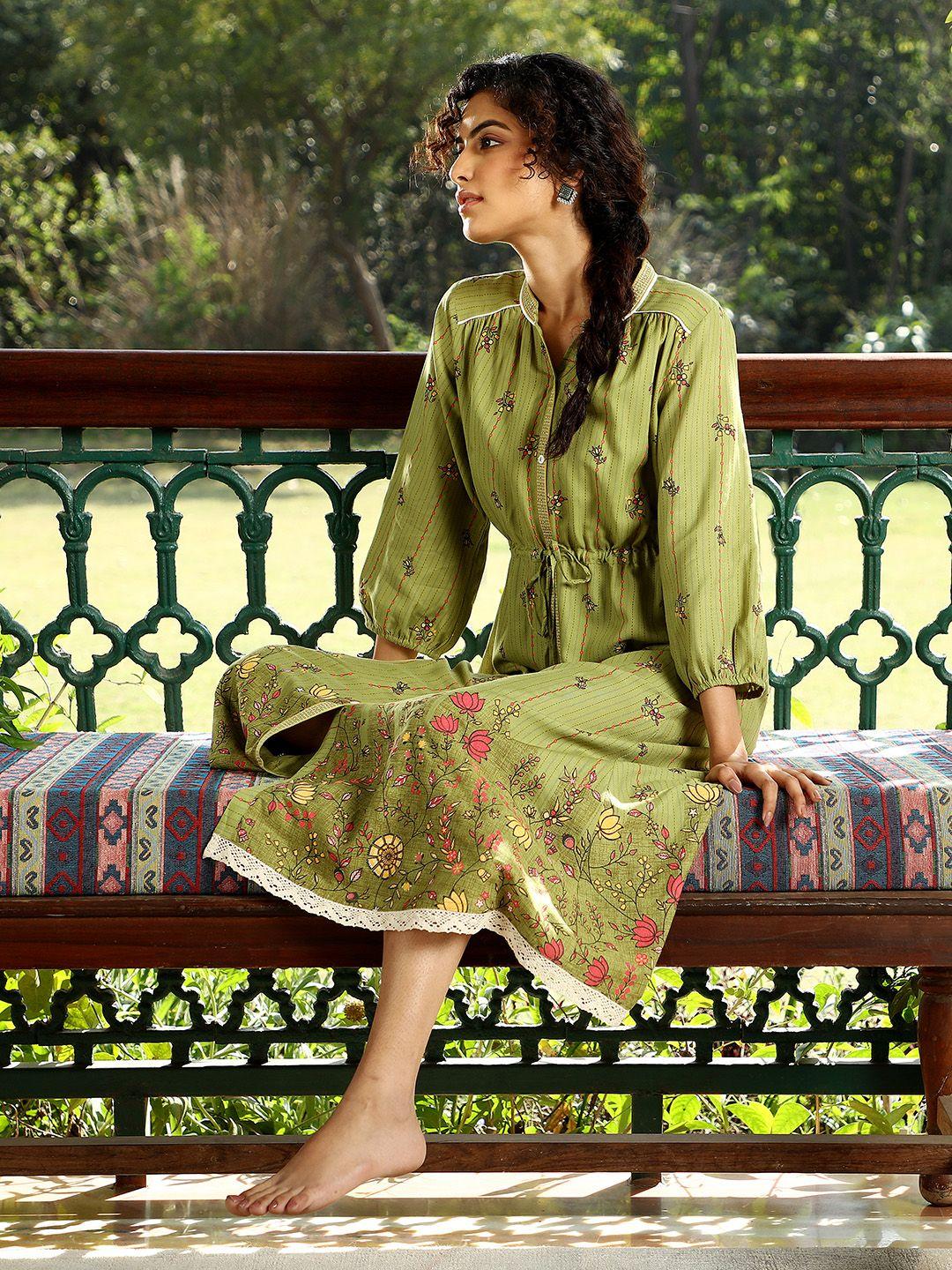 aurelia olive green ethnic motifs a-line midi dress