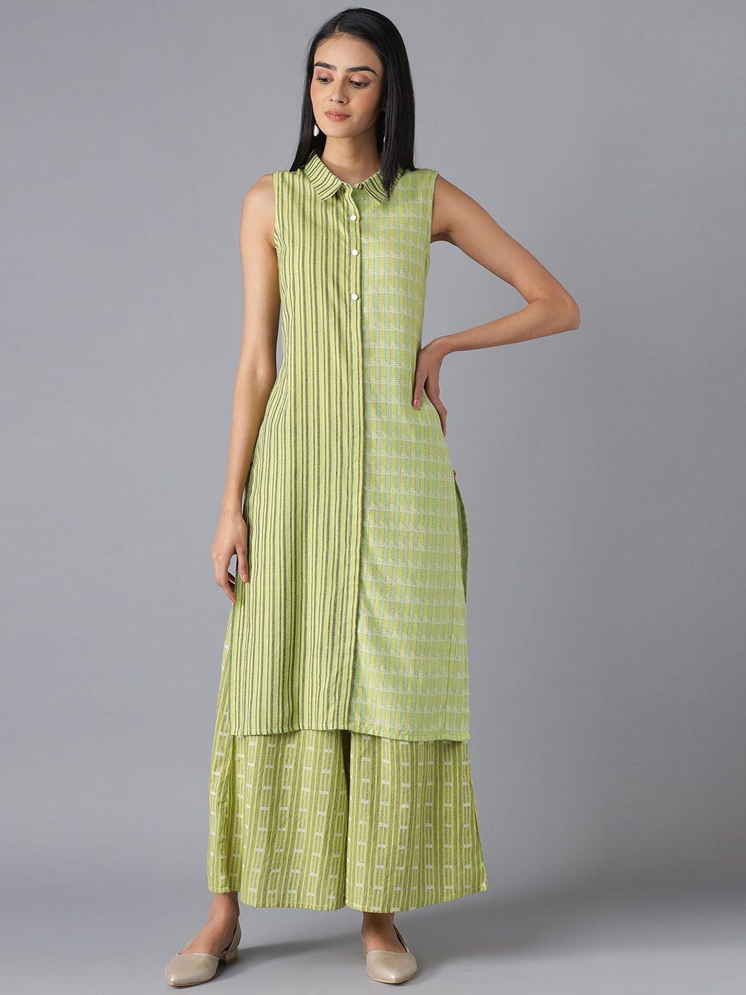 aurelia women green striped pure cotton kurta with palazzos