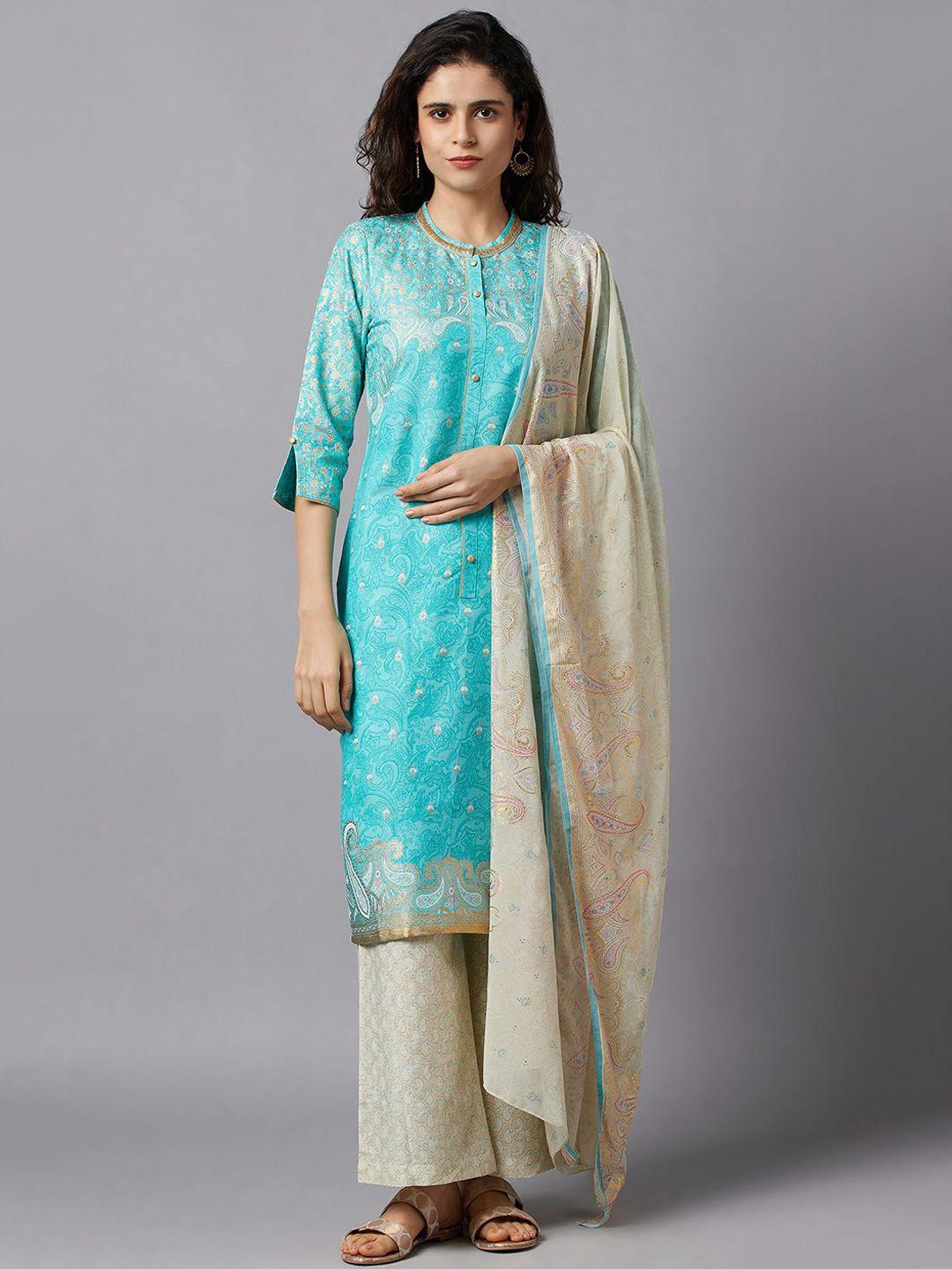 aurelia women turquoise blue & off-white ethnic motifs panelled kurta palazzos & dupatta