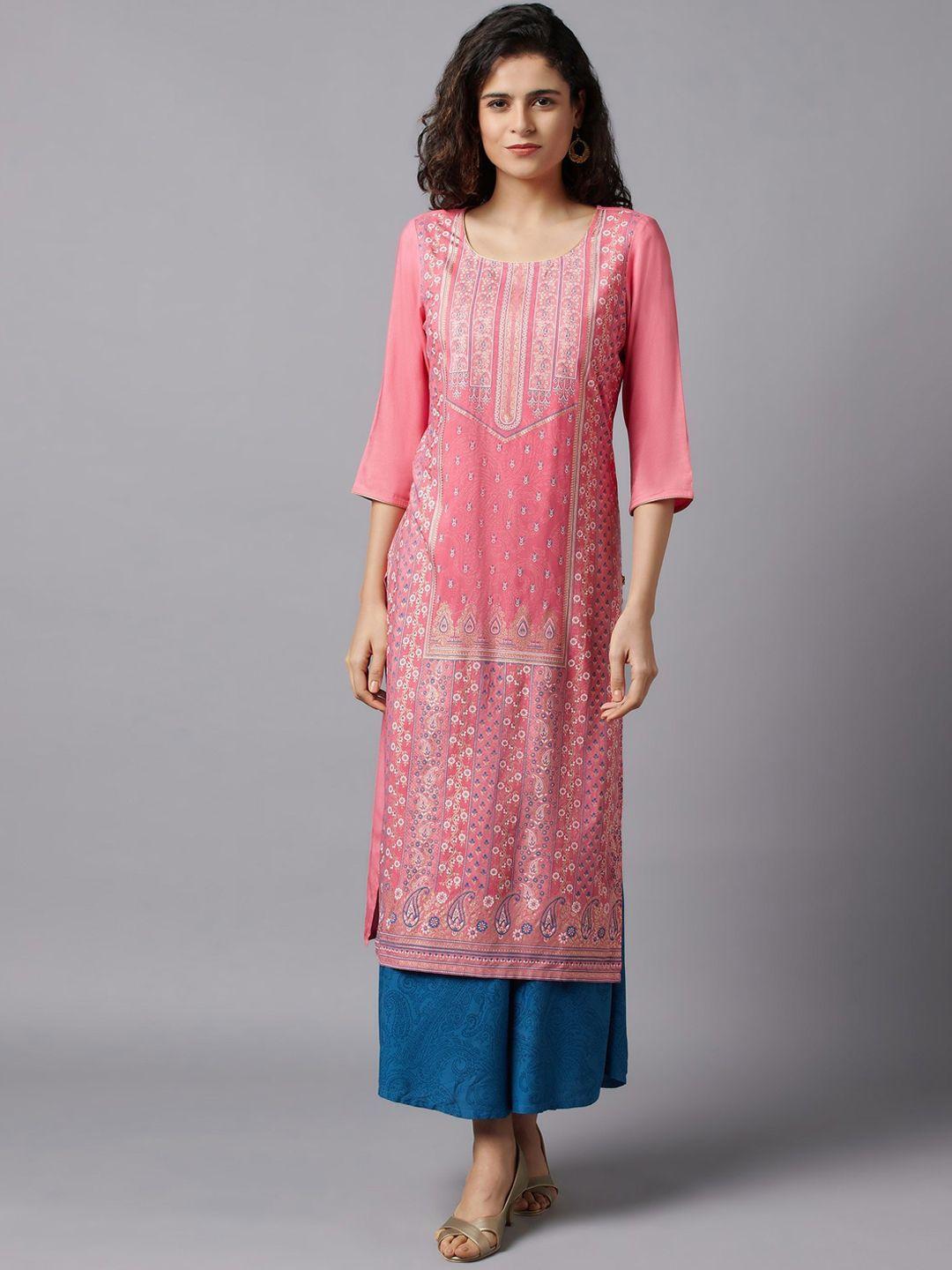 aurelia women pink & blue ethnic motifs printed kurta with palazzos