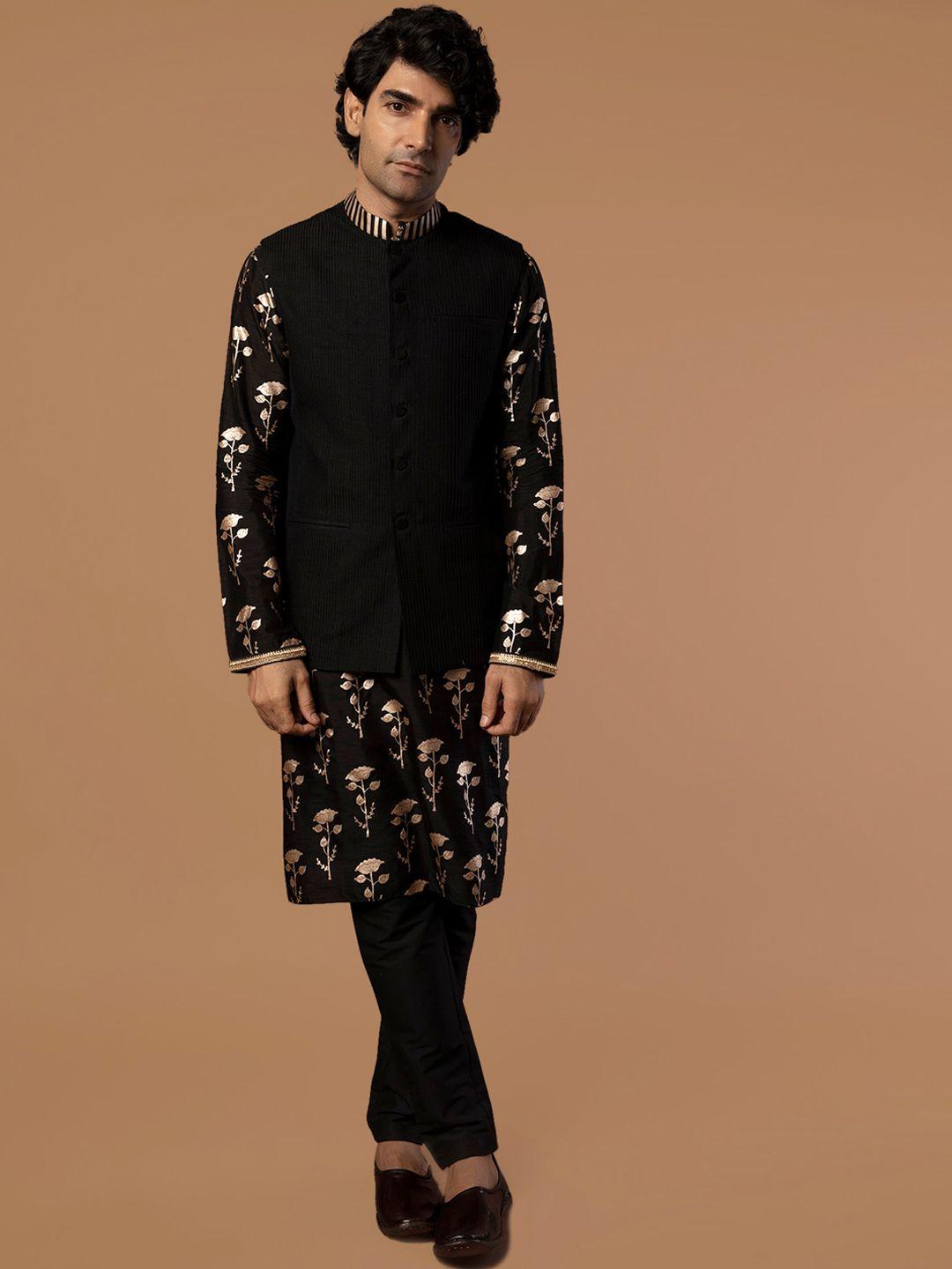 masaba men black & gold-toned floral layered raw silk kurta with pyjamas & nehru jacket