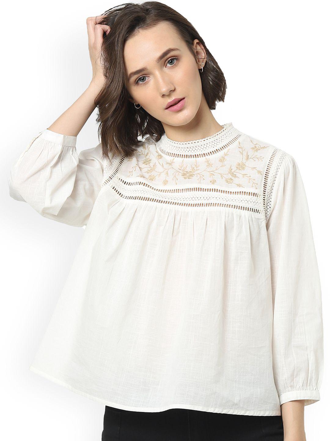 only white floral embroidered pure cotton empire top