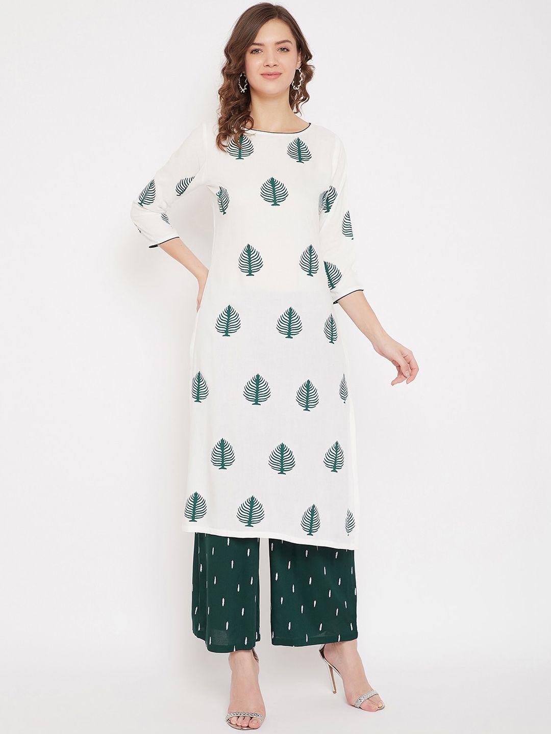 bitterlime women white ethnic motifs printed straight kurta with palazzos