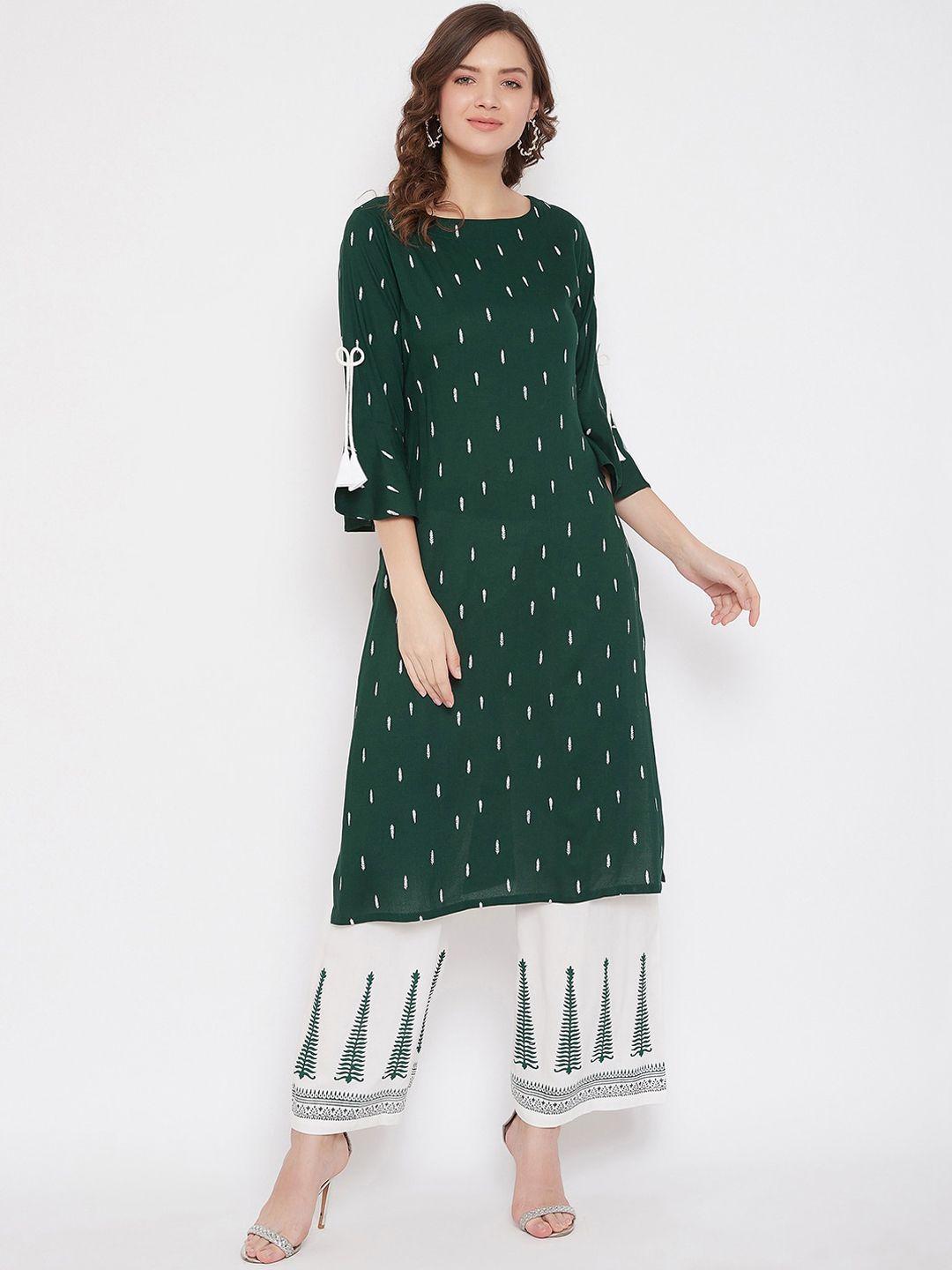 bitterlime women green ethnic motifs printed a-line kurta with palazzos