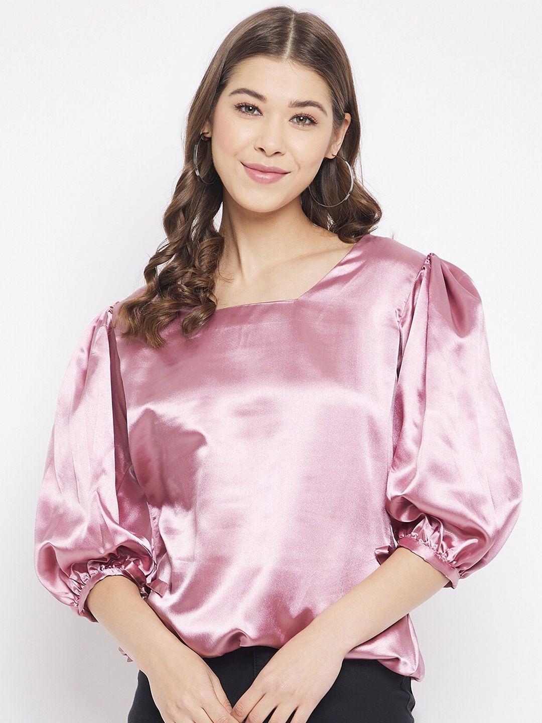 bitterlime women pink solid square neck satin blouson top