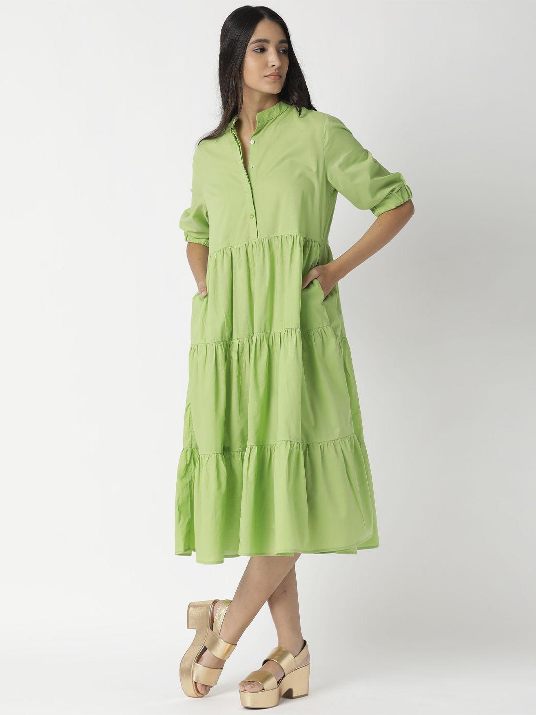 rareism lime green pure cotton a-line midi tiered dress