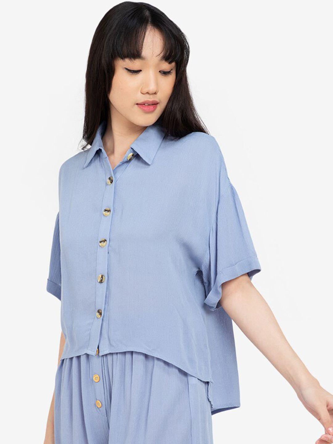 zalora basics women blue solid high-low casual shirt