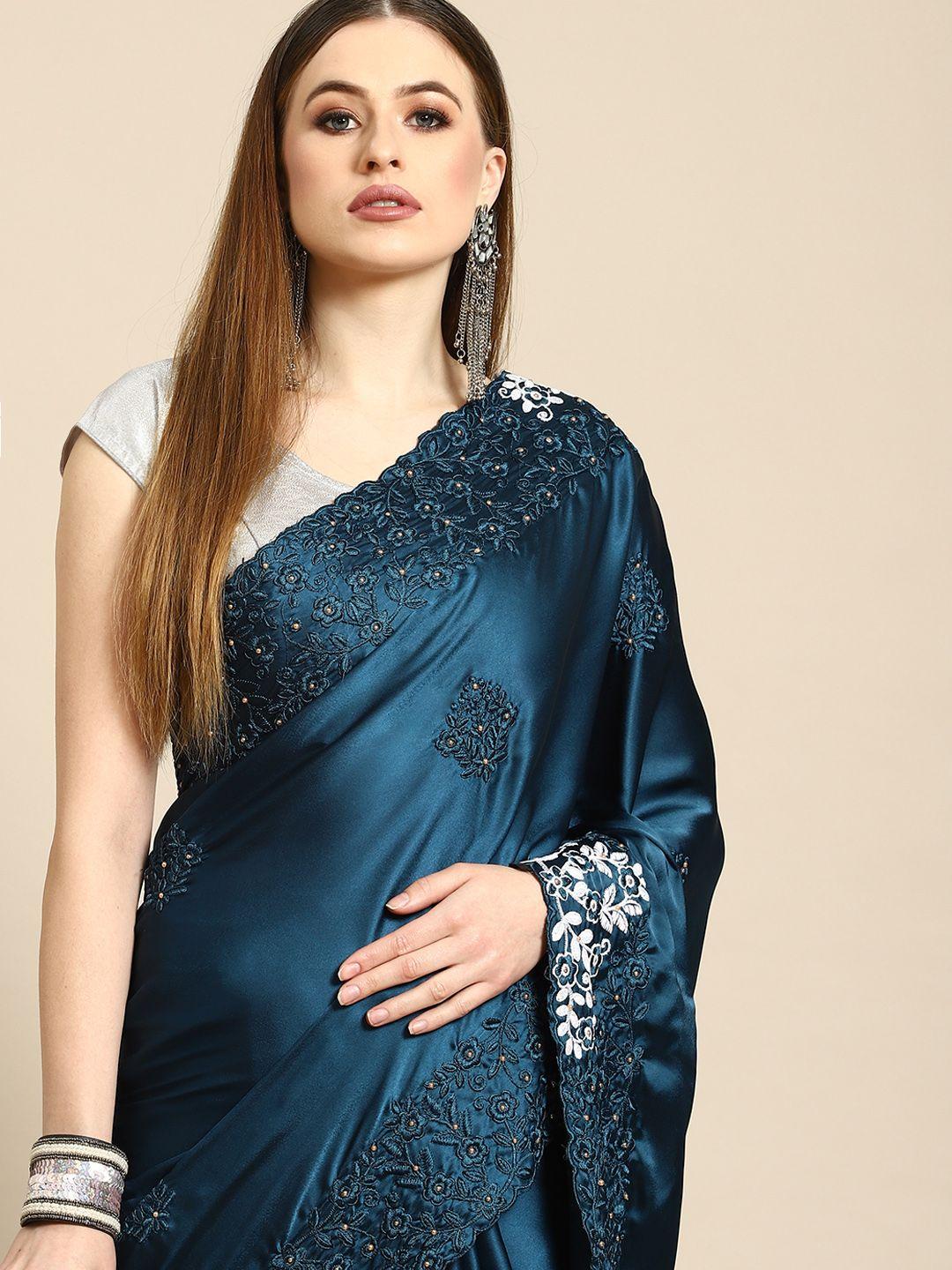 anouk blue floral embroidered satin saree