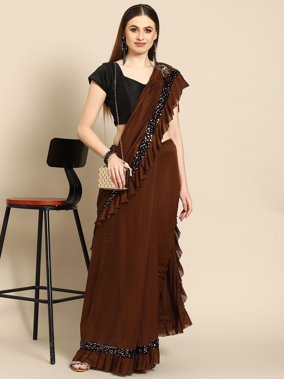 anouk coffee brown sequinned saree