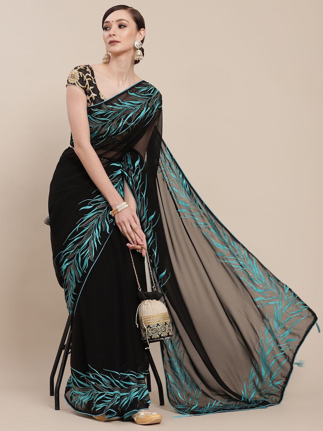 chhabra 555 black & teal floral embroidered saree