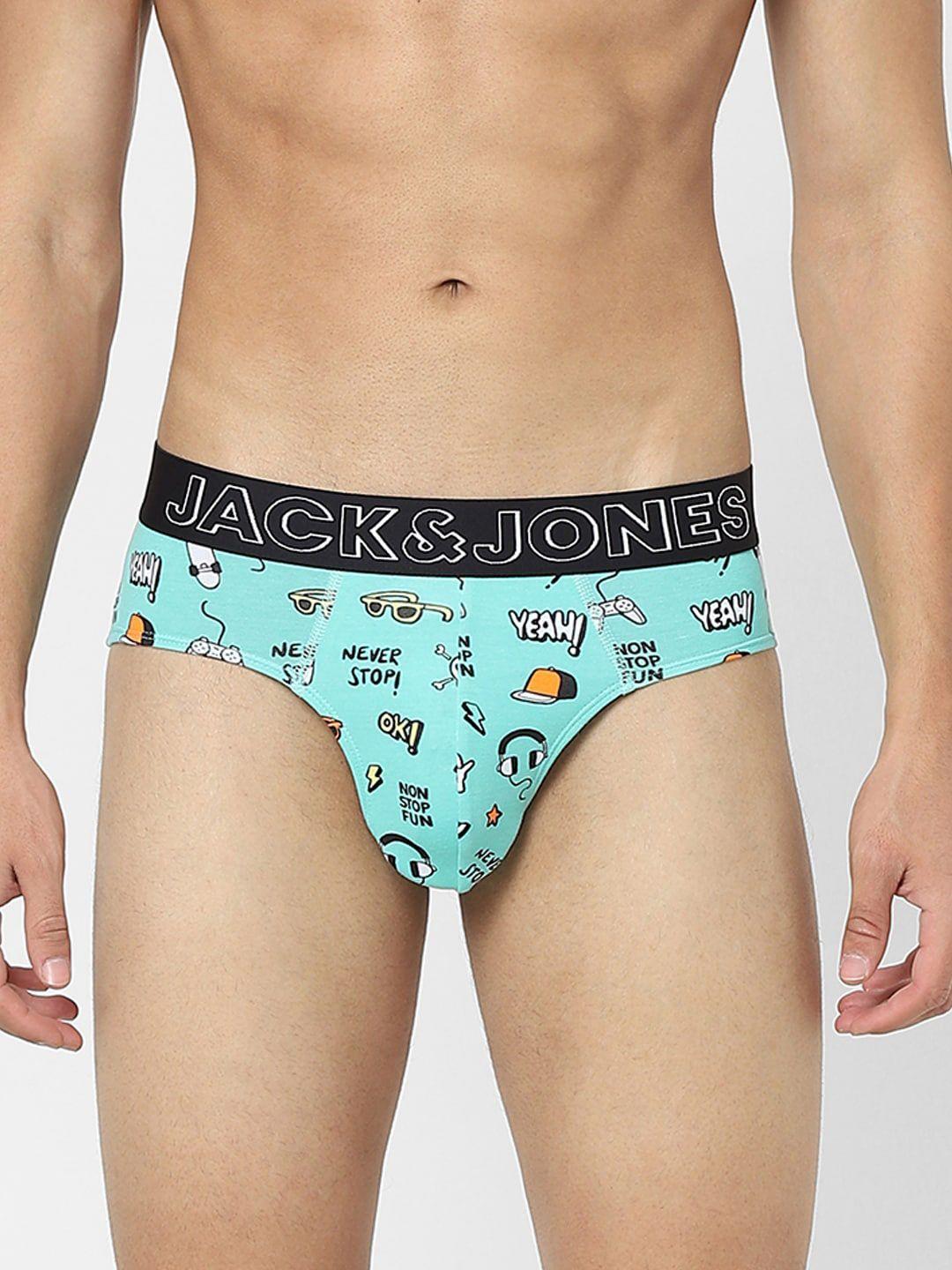 jack & jones men turquoise blue & black printed cotton basic briefs 116792101