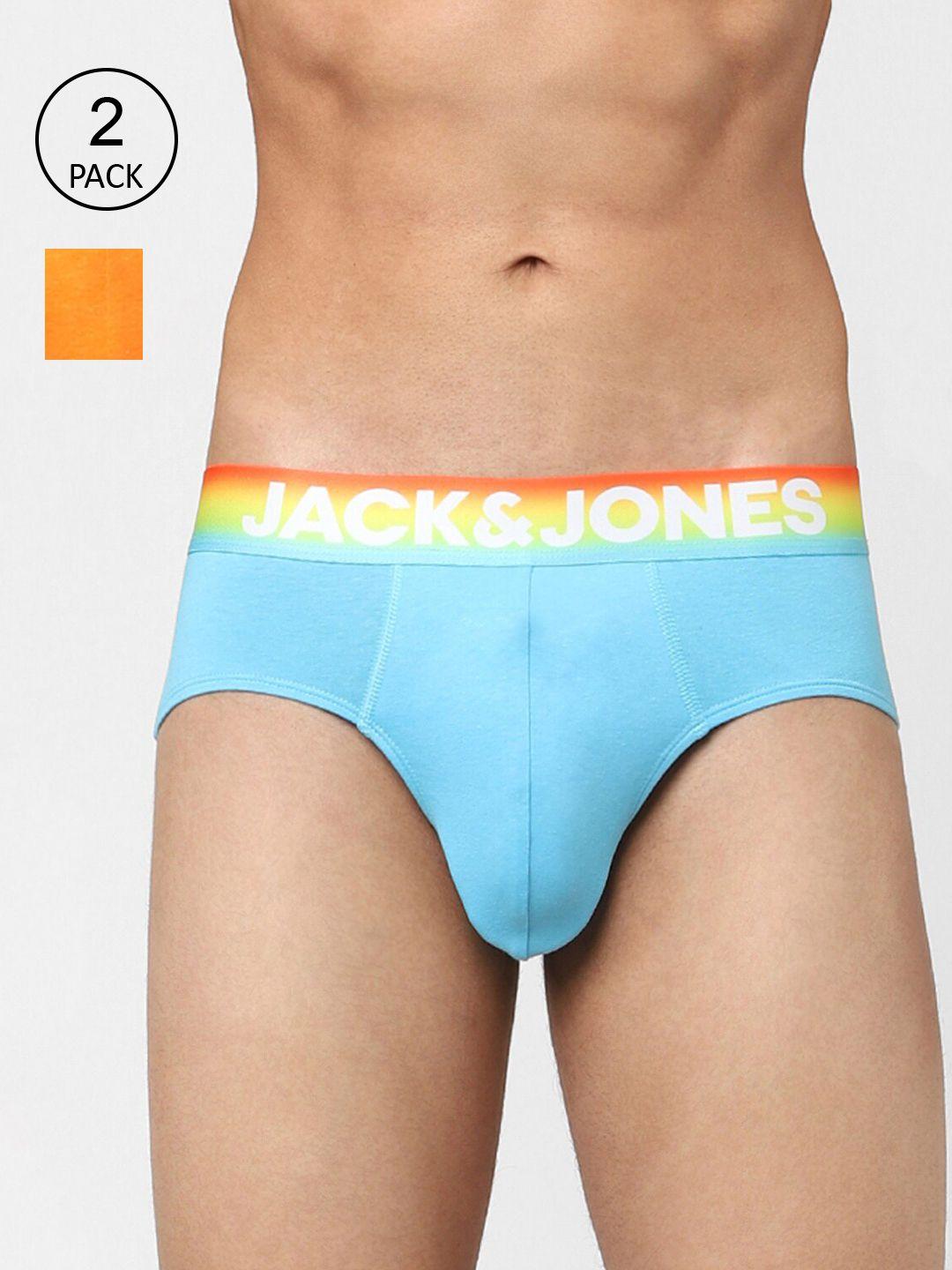 jack & jones men pack of 2 turquoise blue & orange solid cotton basic briefs 116795902