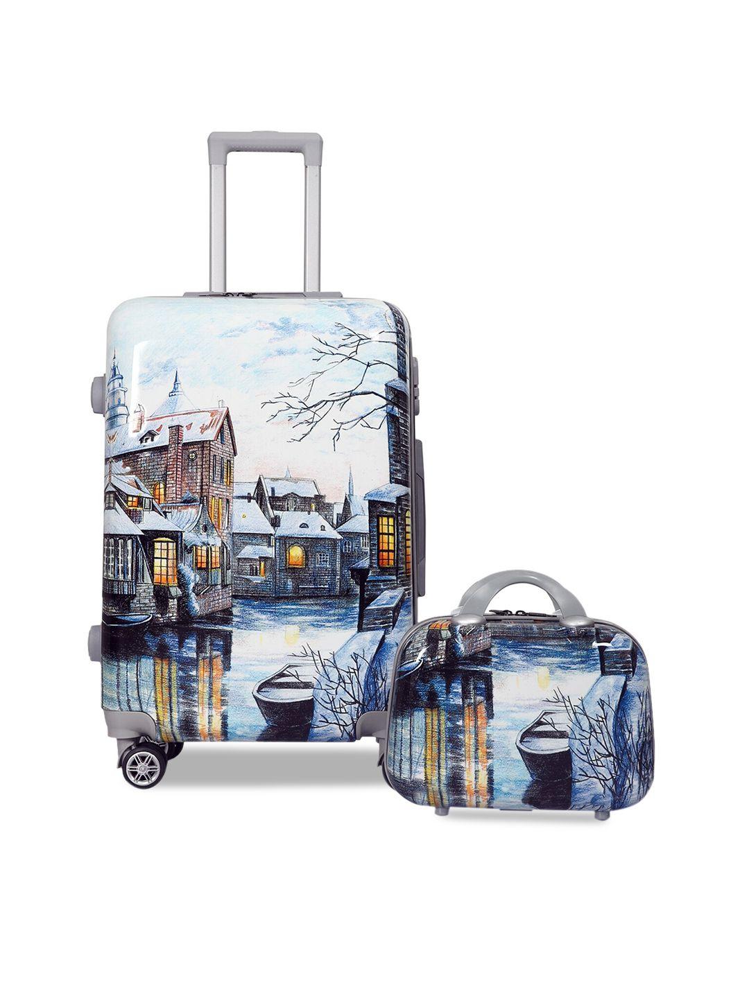 polo class blue & white printed trolley bag & vanity bag set