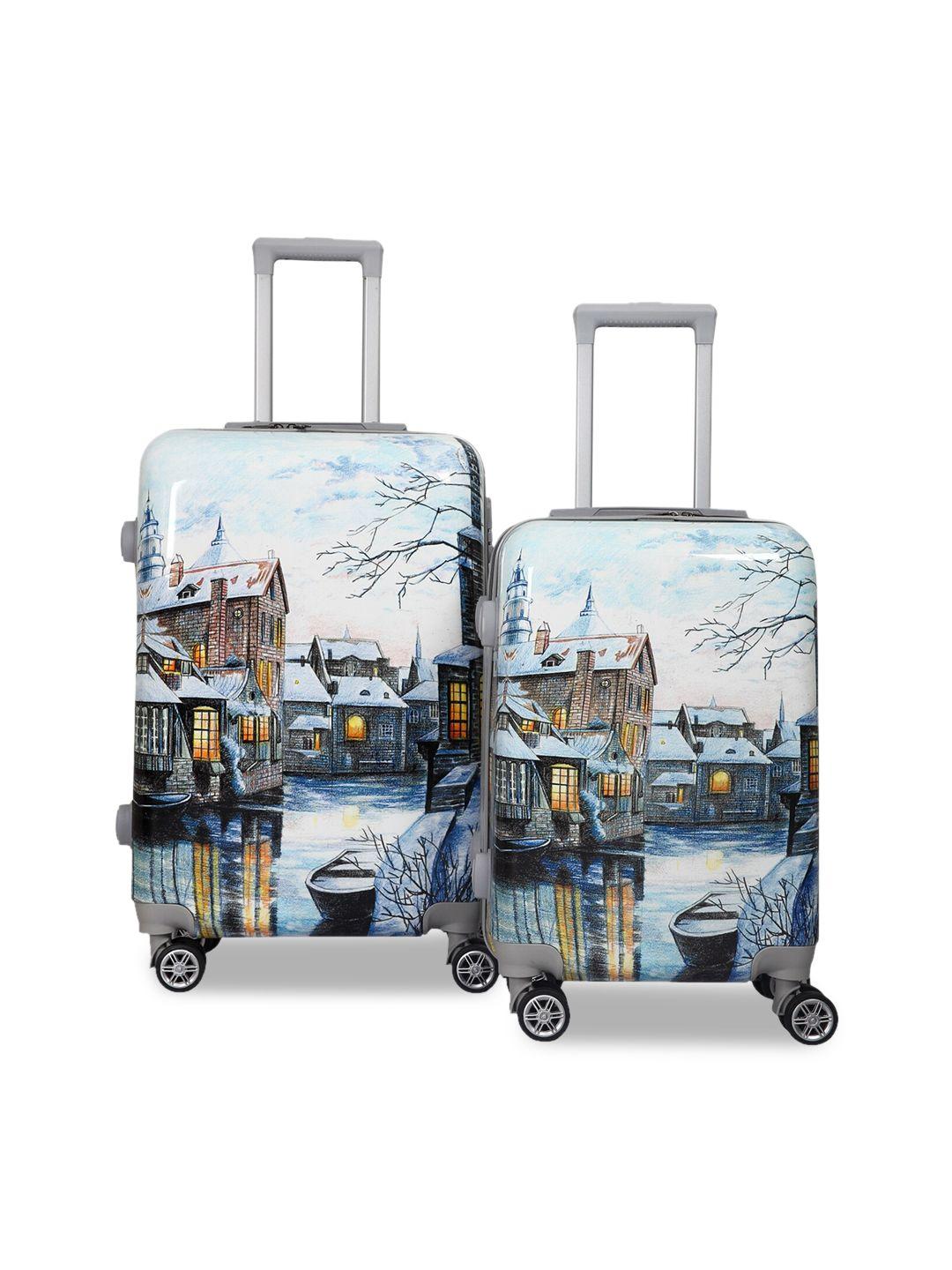 polo class set of 2 blue & white printed hard-sided medium trolley suitcase