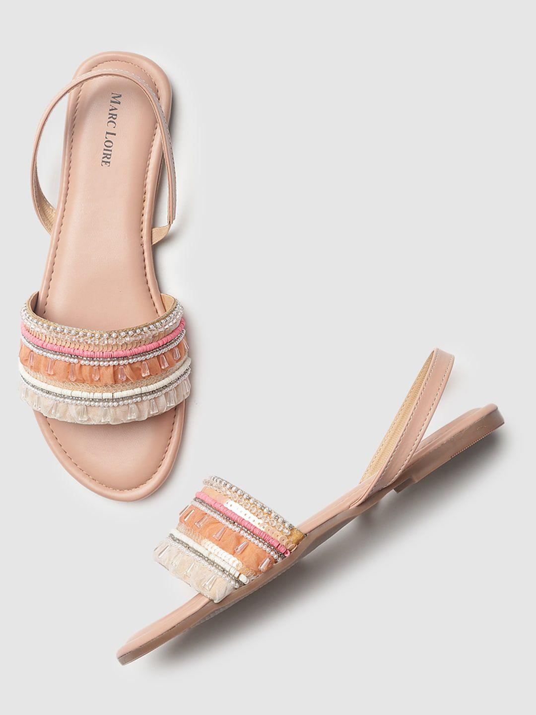 marc loire women nude-coloured & orange embellished open toe flats