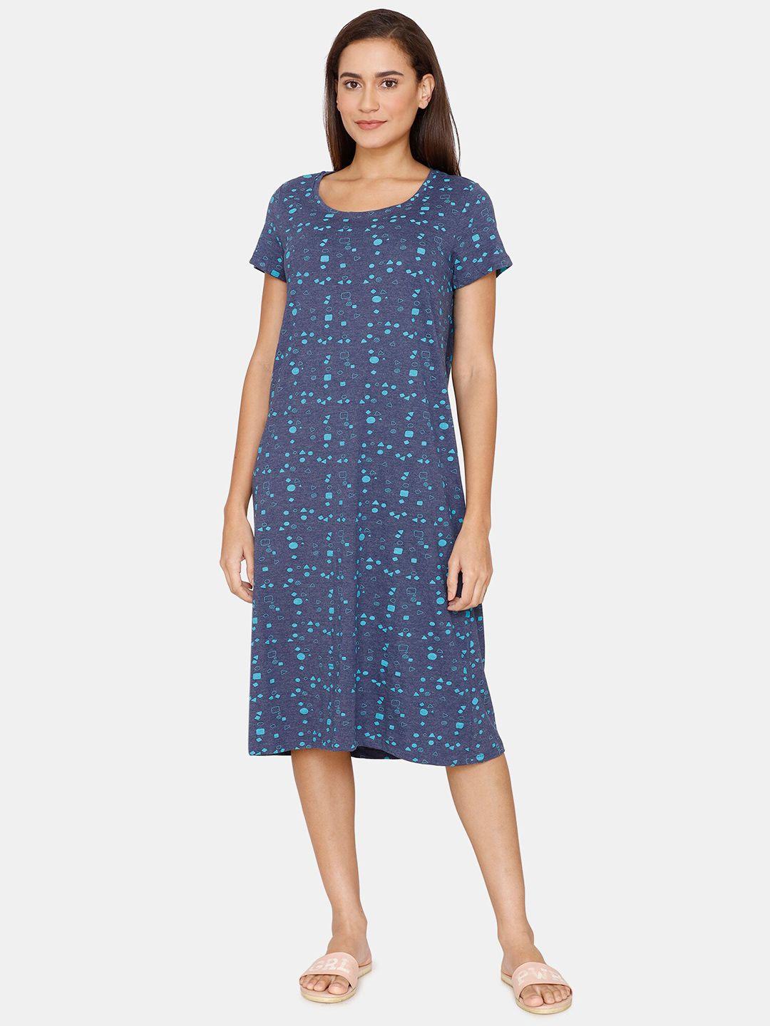 rosaline by zivame blue starry nights printed knit cotton mid length nightdress