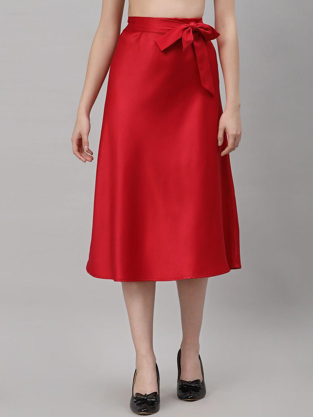 neudis women red solid satin finish a-line knee length skirt