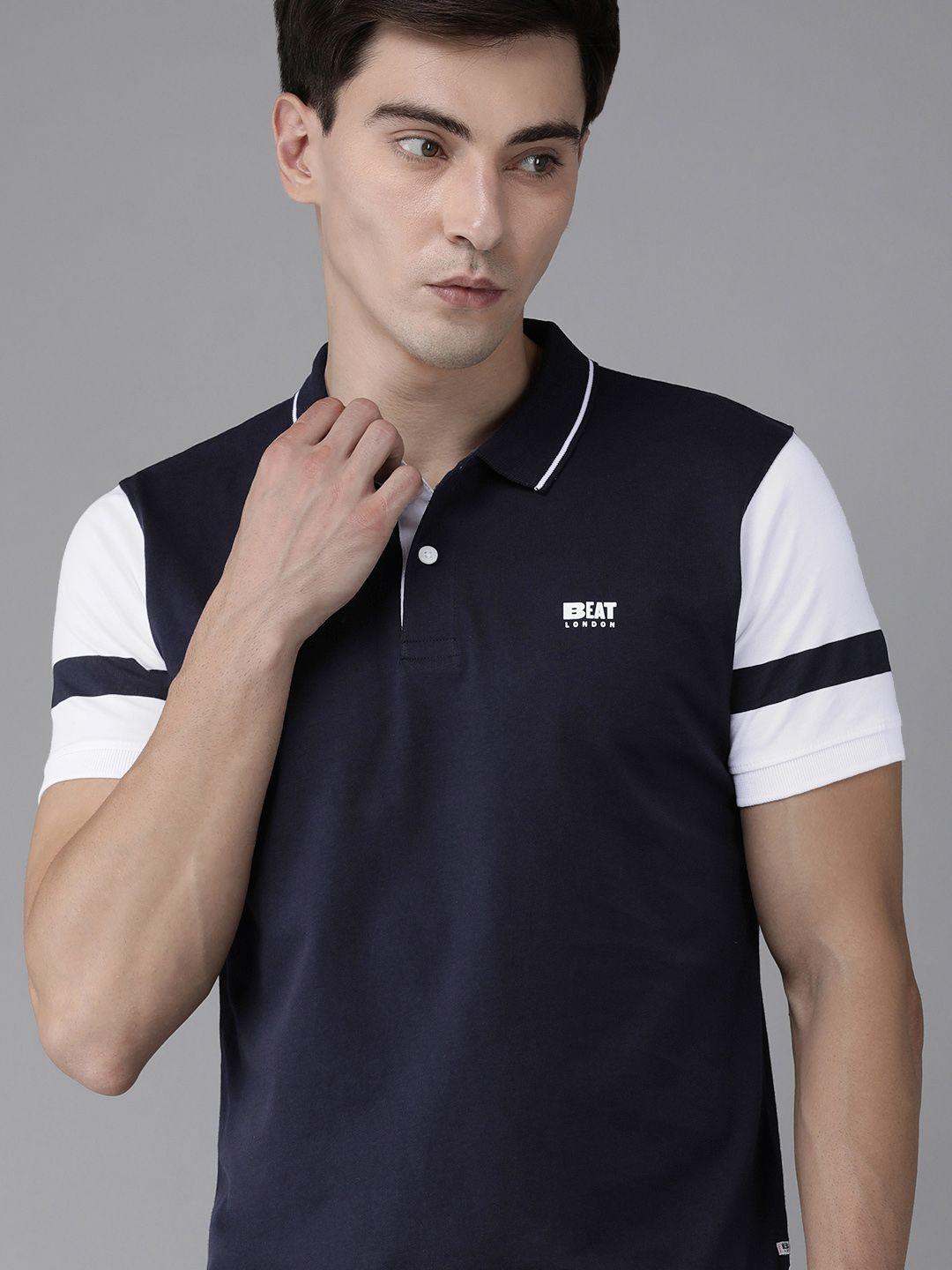 beat london by pepe jeans men navy blue polo collar pure cotton slim fit t-shirt