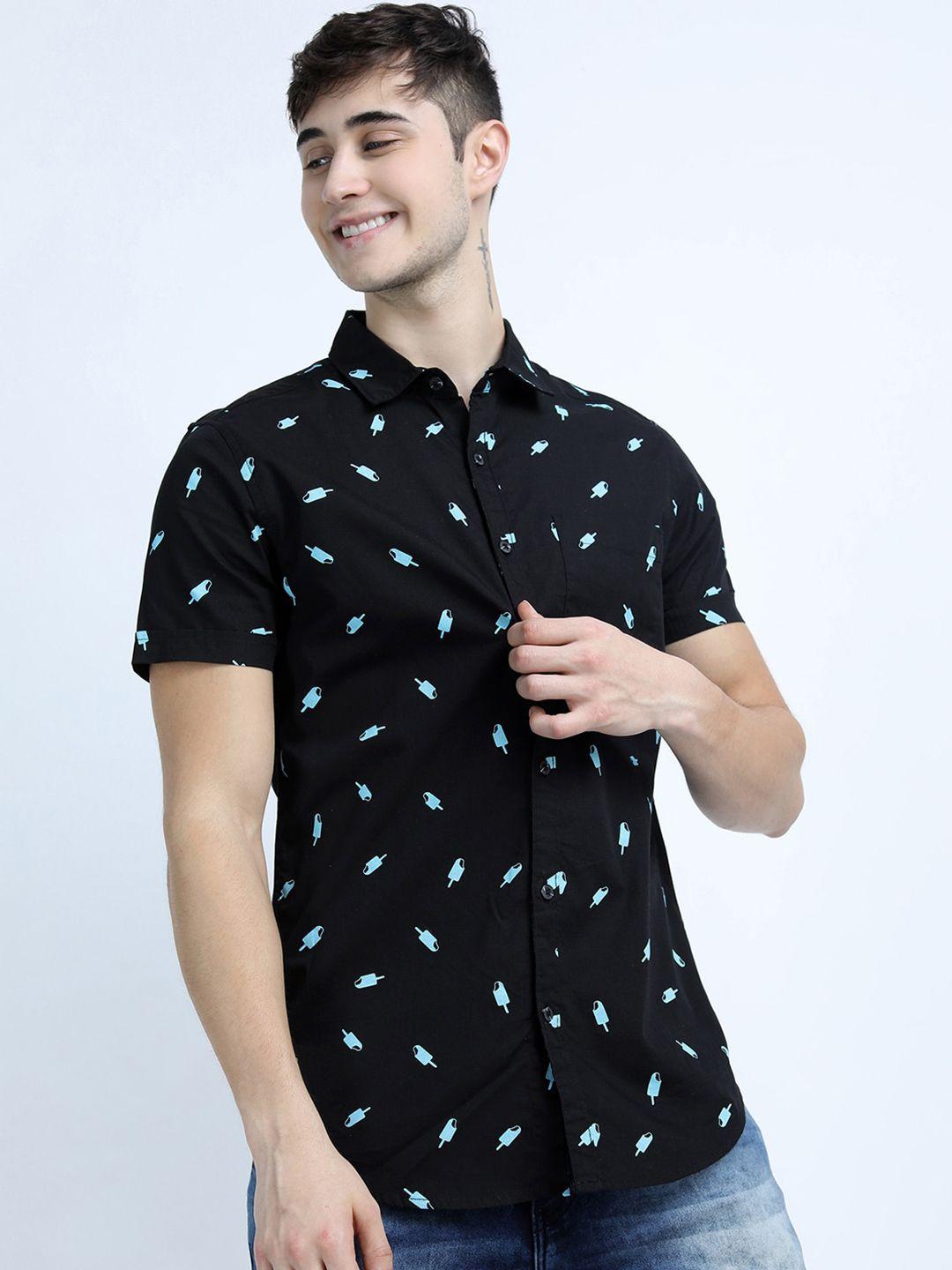 highlander men black slim fit printed casual shirt