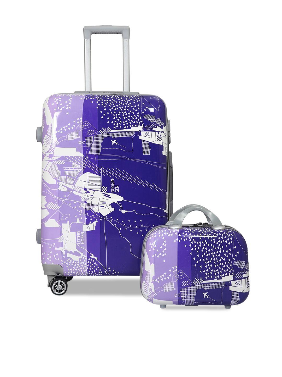 polo class set of 2 white & purple hard-sided trolley suitcase & vanity bag