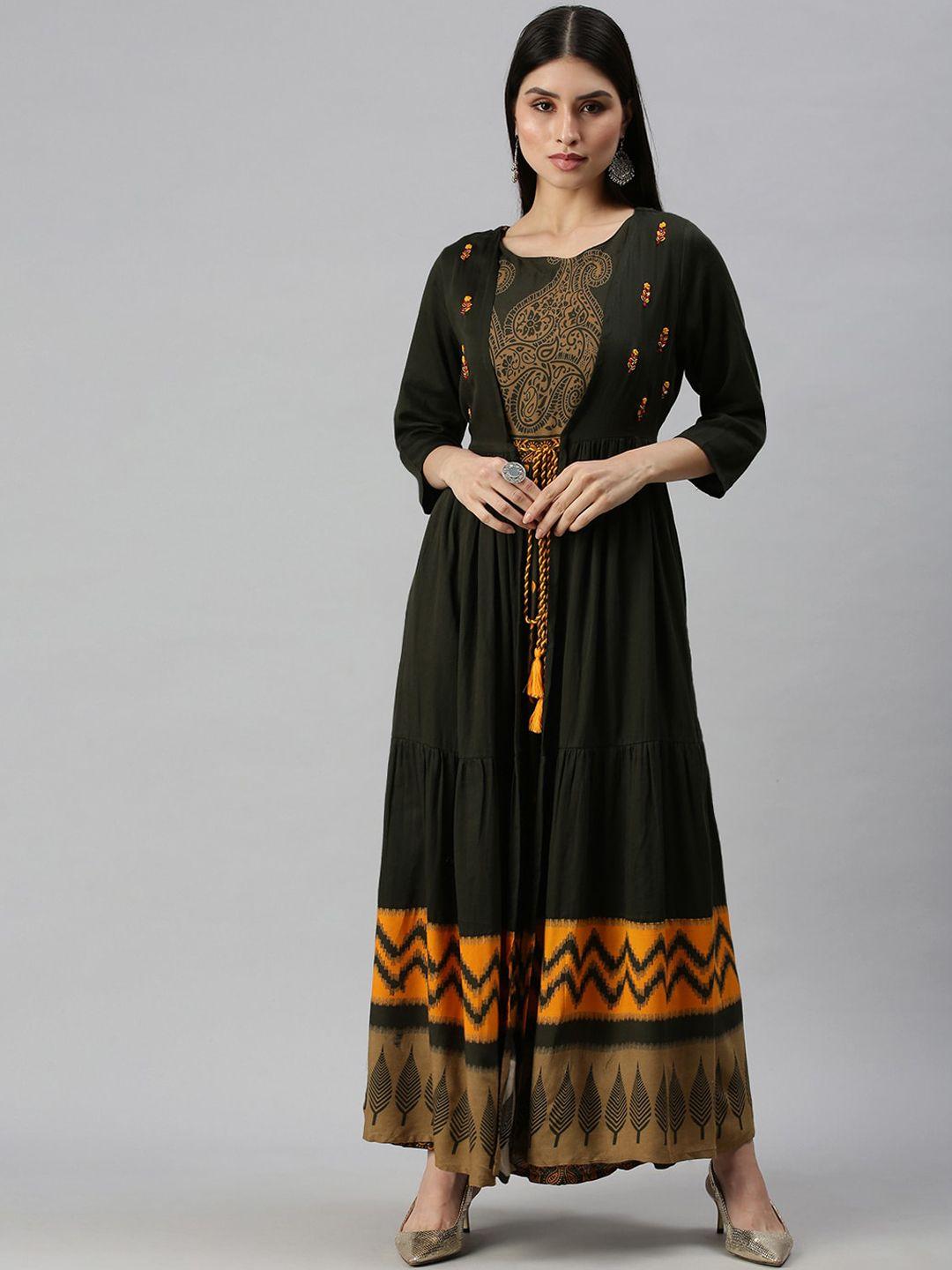 showoff women olive green & yellow ethnic motifs printed anarkali