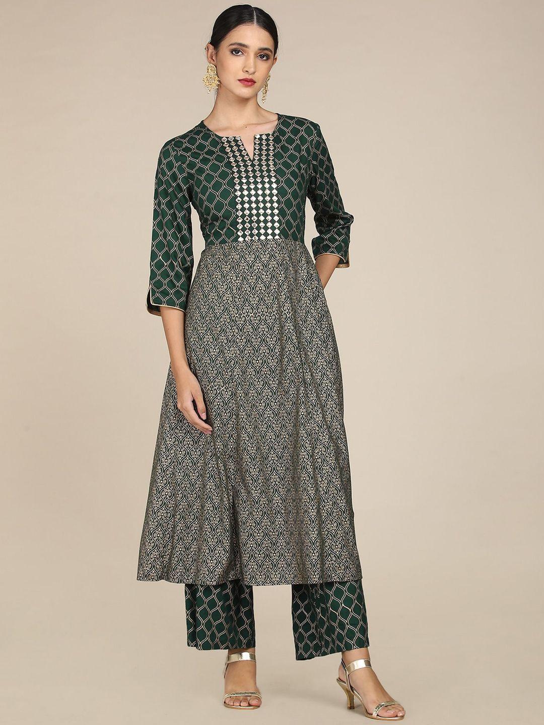 anahi women green ethnic motifs printed kurta with palazzos