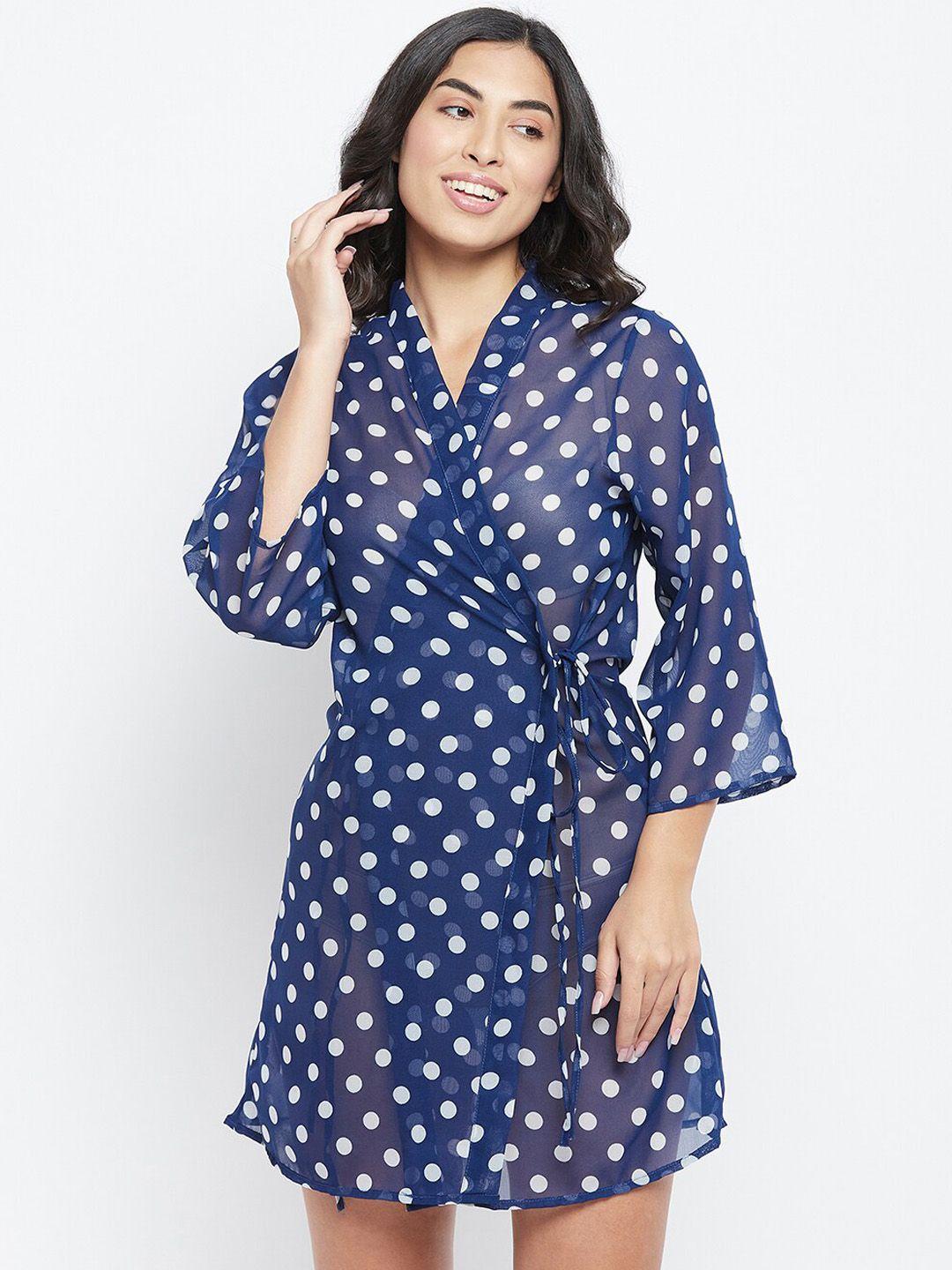 clovia women navy blue & white polka dot printed robe