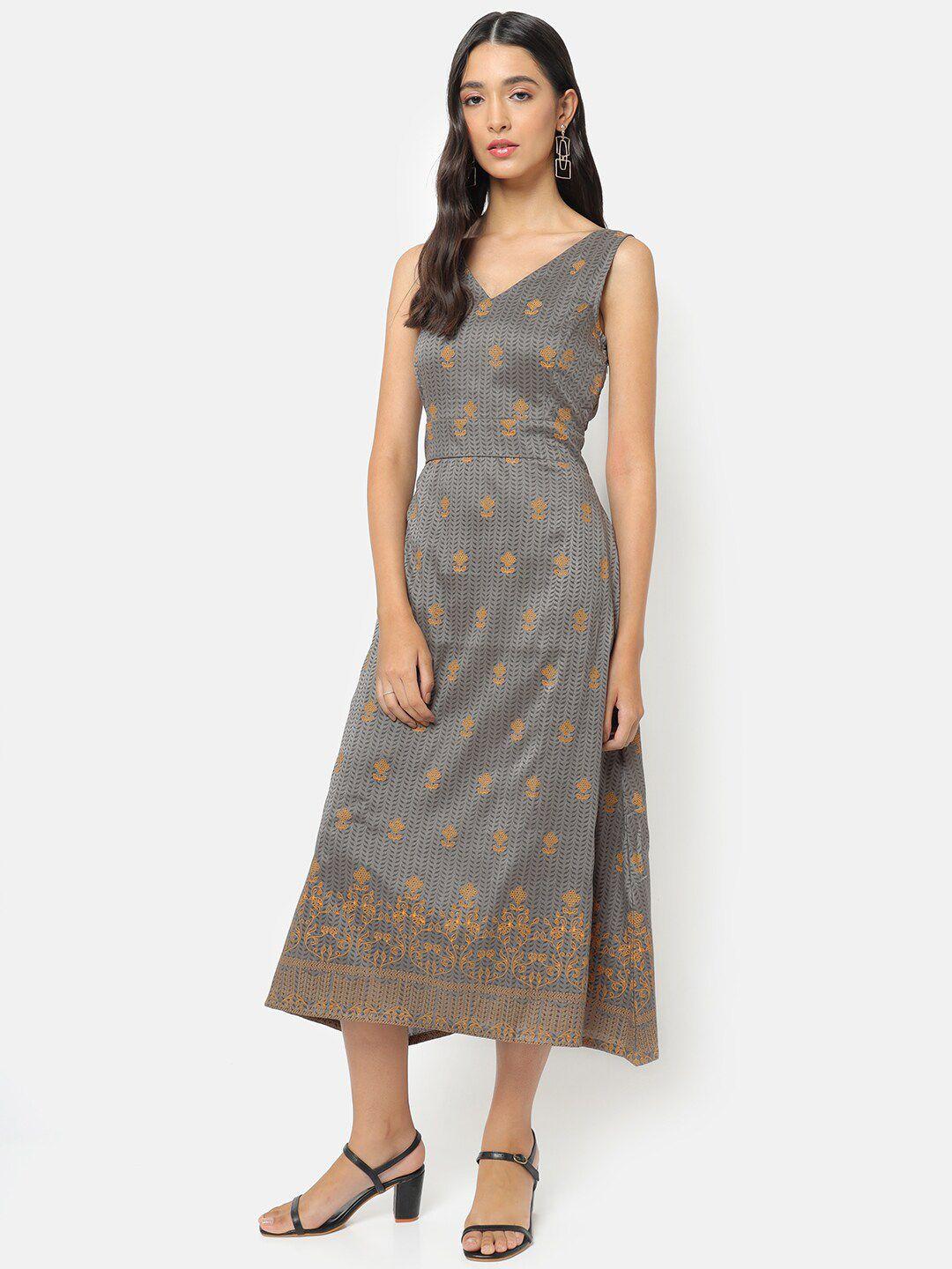 saaki grey ethnic motifs cotton midi  dress