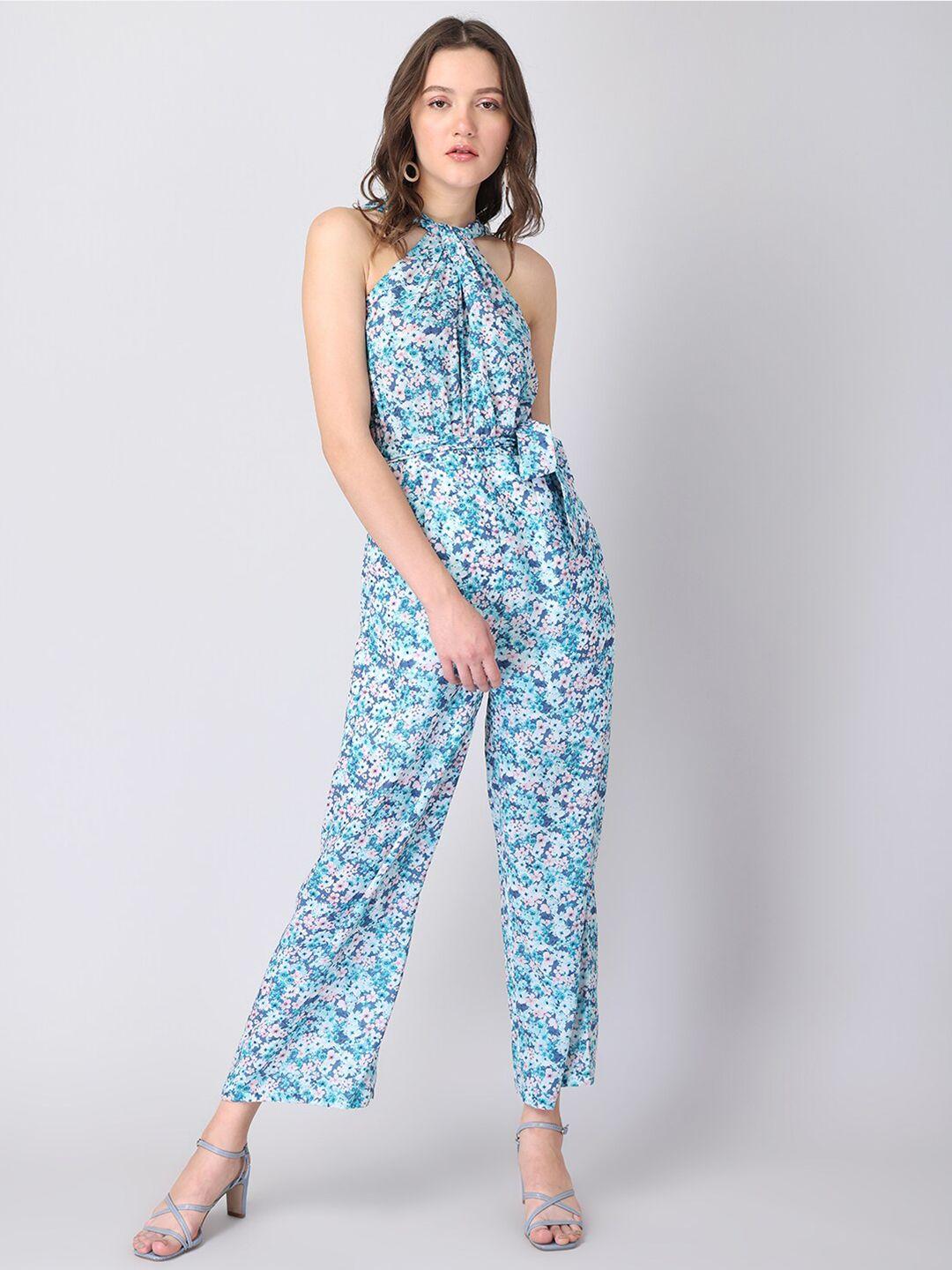 faballey green & blue halter neck floral printed basic jumpsuit