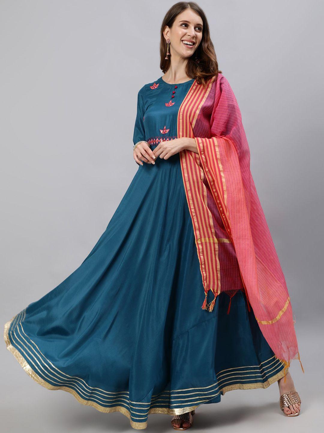 jaipur kurti women teal & pink embroidered anarkali kurta