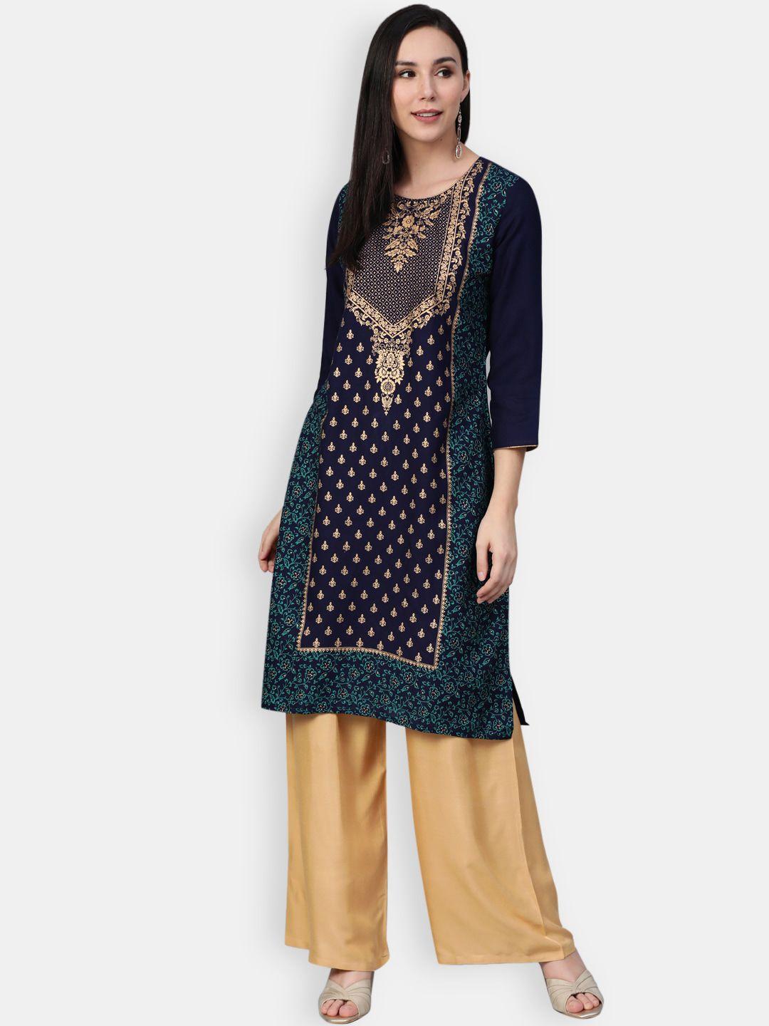 jompers women navy blue ethnic motifs embroidered keyhole neck thread work kurta