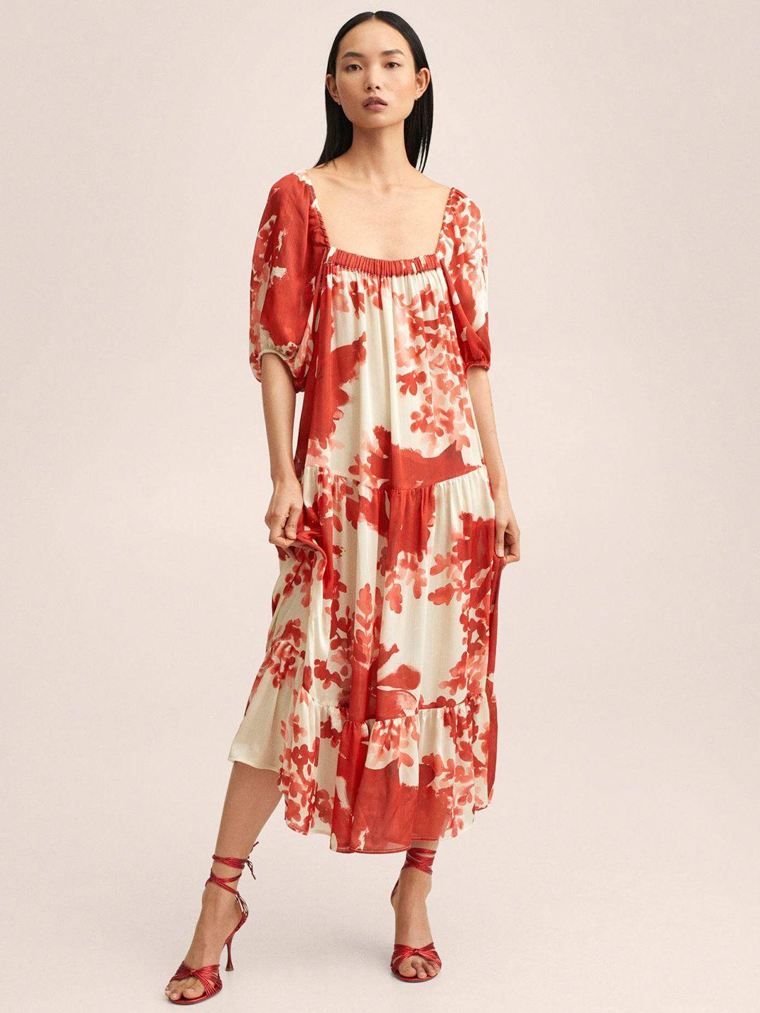 mango women red & off white printed a-line midi dress