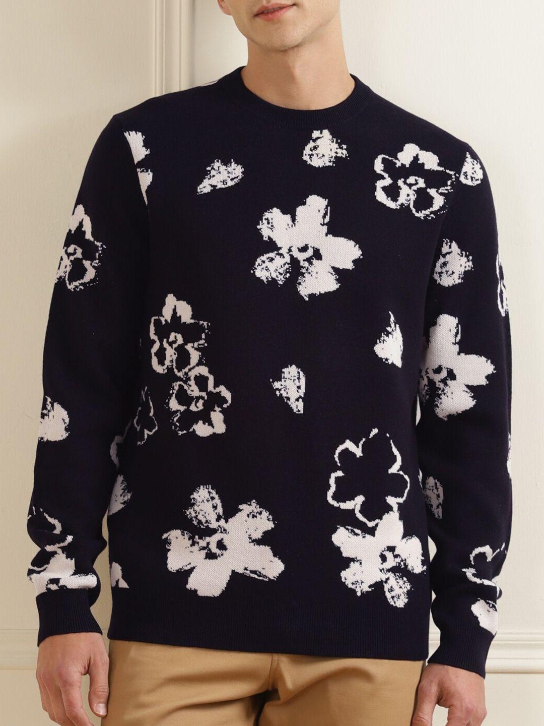 ted baker men navy blue & white floral printed pullover