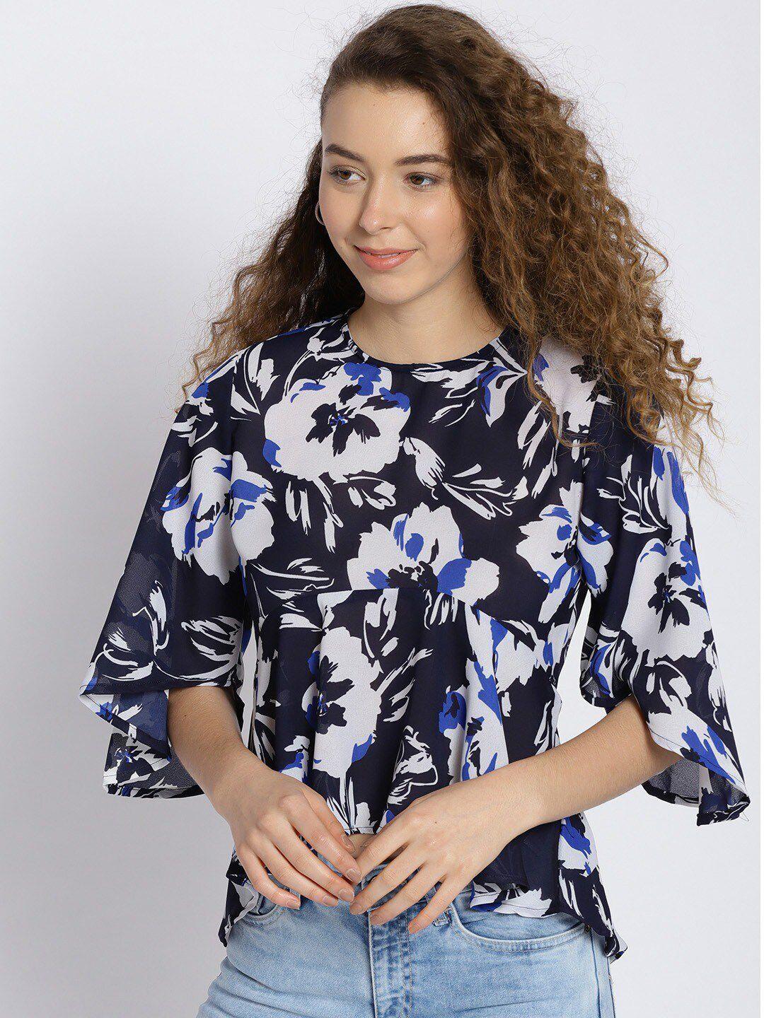 sera navy women blue & white floral printed round neck empire top