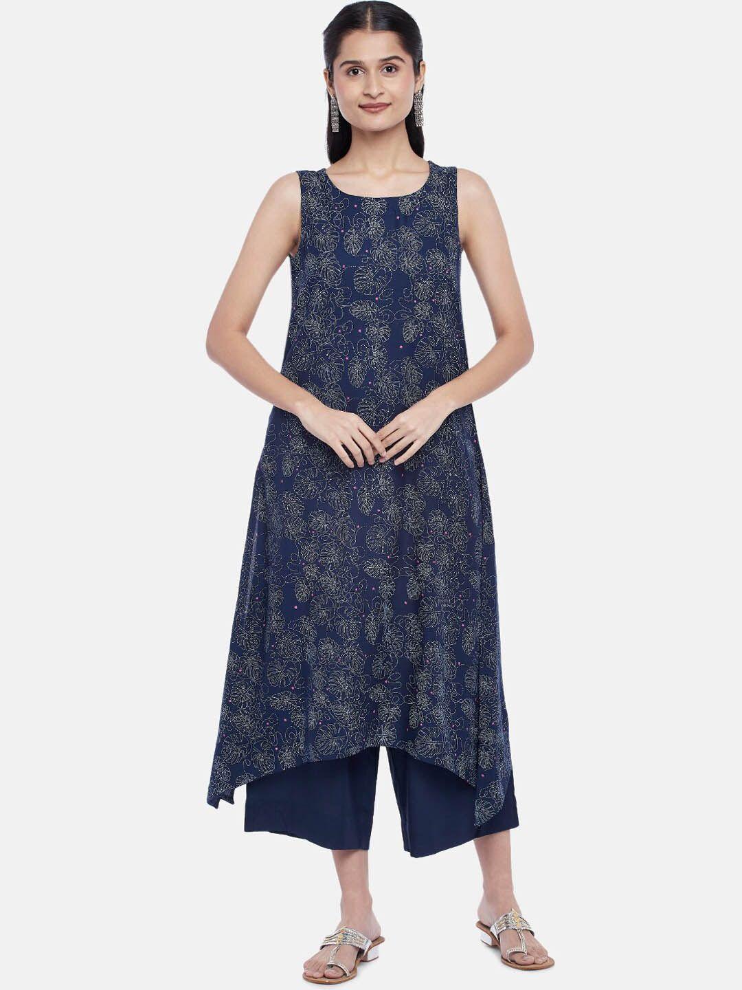 rangmanch by pantaloons women navy blue printed kurta with palazzos